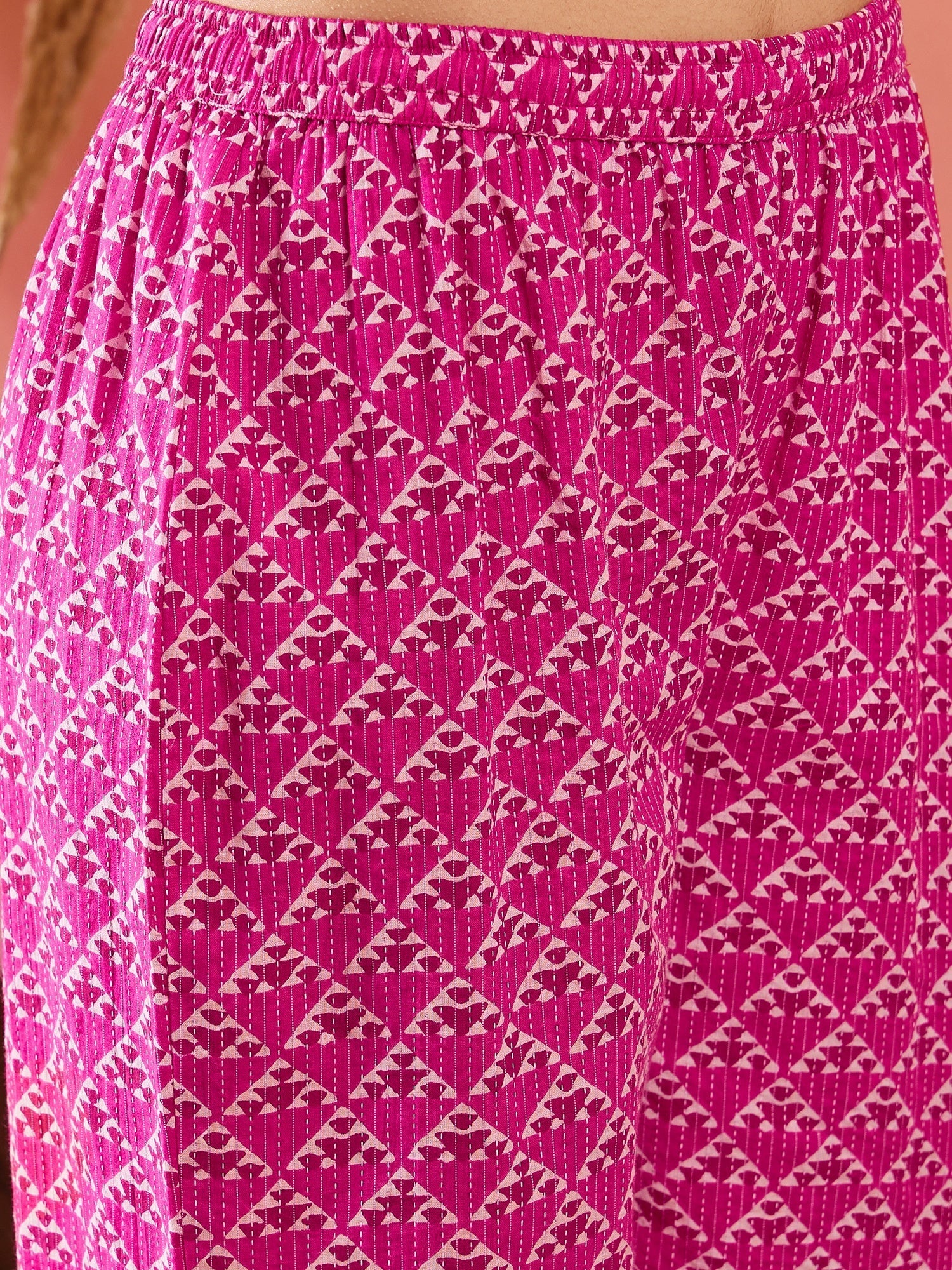 InWeave Pink Pyramid Kantha V Neck Lace Work Kurta Palazzo Set - Swadesiicart
