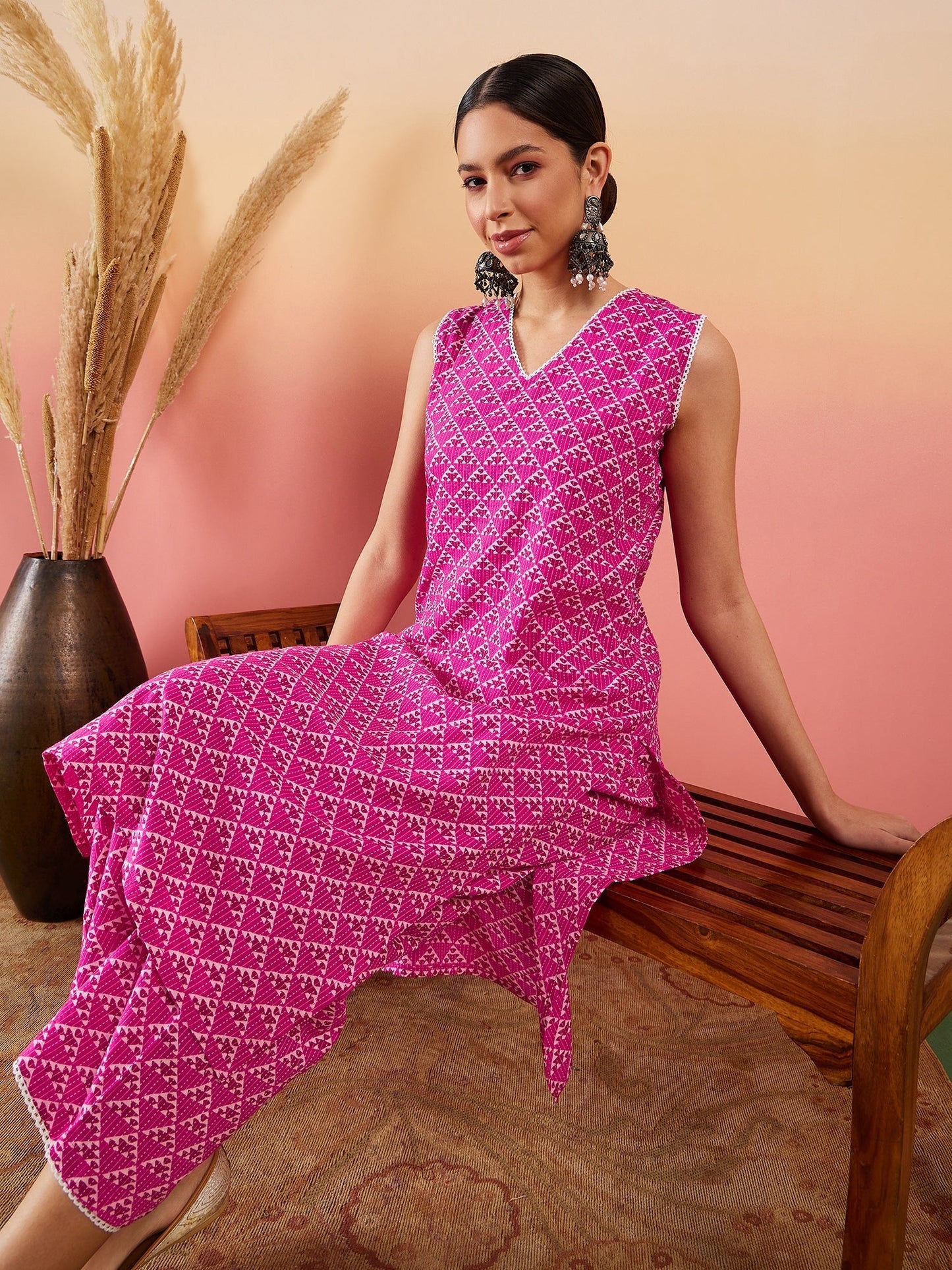 InWeave Pink Pyramid Kantha V Neck Lace Work Kurta Palazzo Set - Swadesiicart