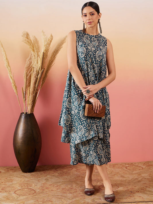 InWeave Slate Grey Paisley Round Neck Kurta Short Palazzo Set - Swadesiicart