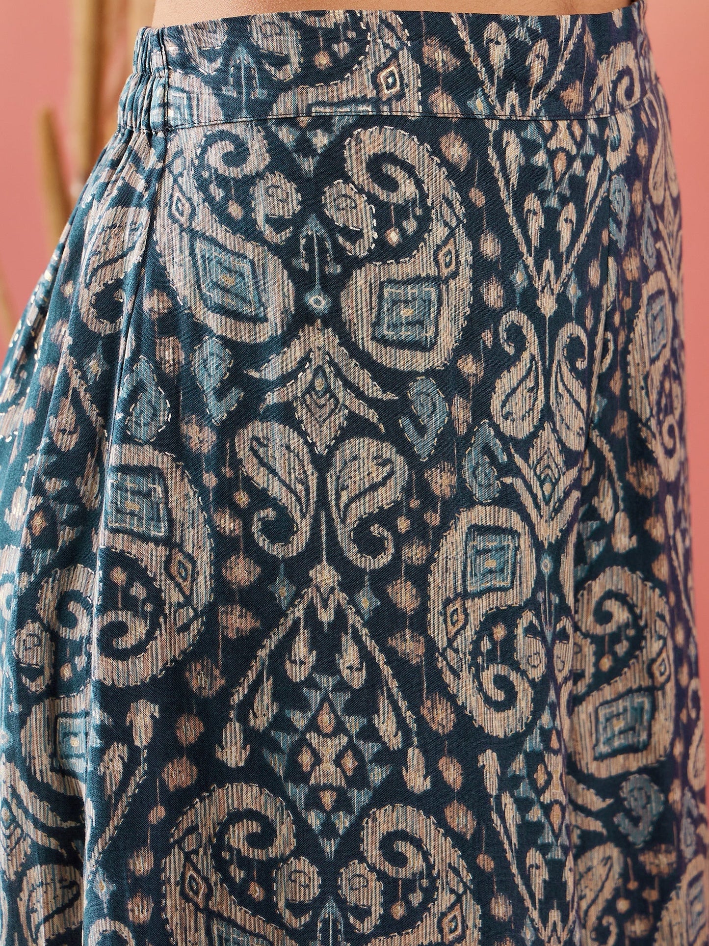 InWeave Slate Grey Paisley Round Neck Kurta Short Palazzo Set - Swadesiicart