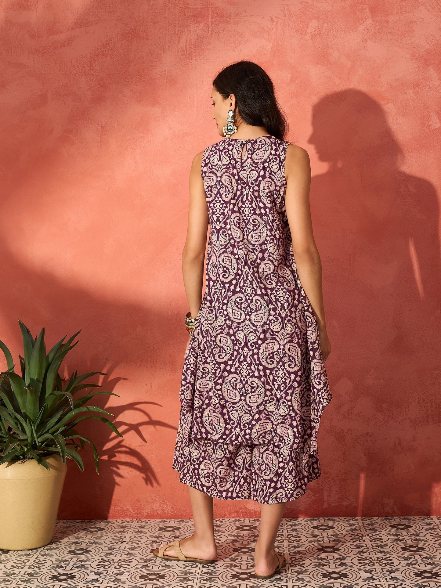 InWeave Dusty Mauve Paisley Round Neck Kurta Short Palazzo Set - Swadesiicart