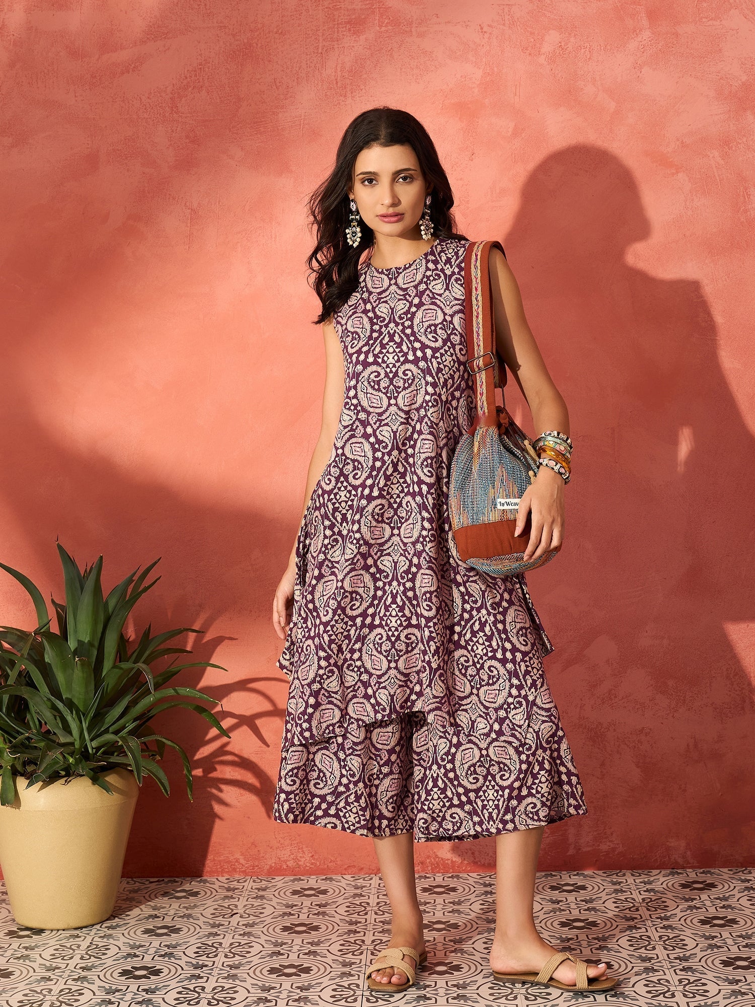 InWeave Dusty Mauve Paisley Round Neck Kurta Short Palazzo Set - Swadesiicart
