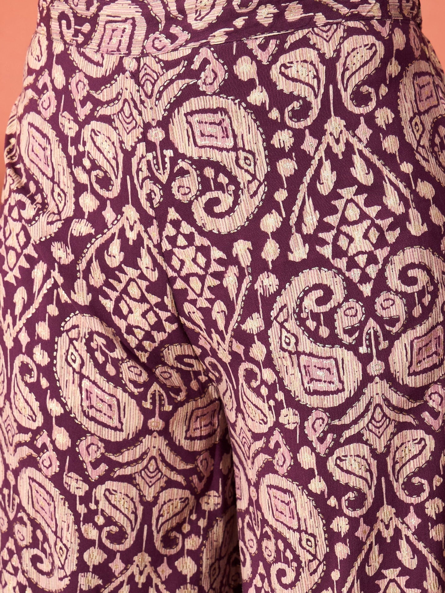 InWeave Dusty Mauve Paisley Round Neck Kurta Short Palazzo Set - Swadesiicart