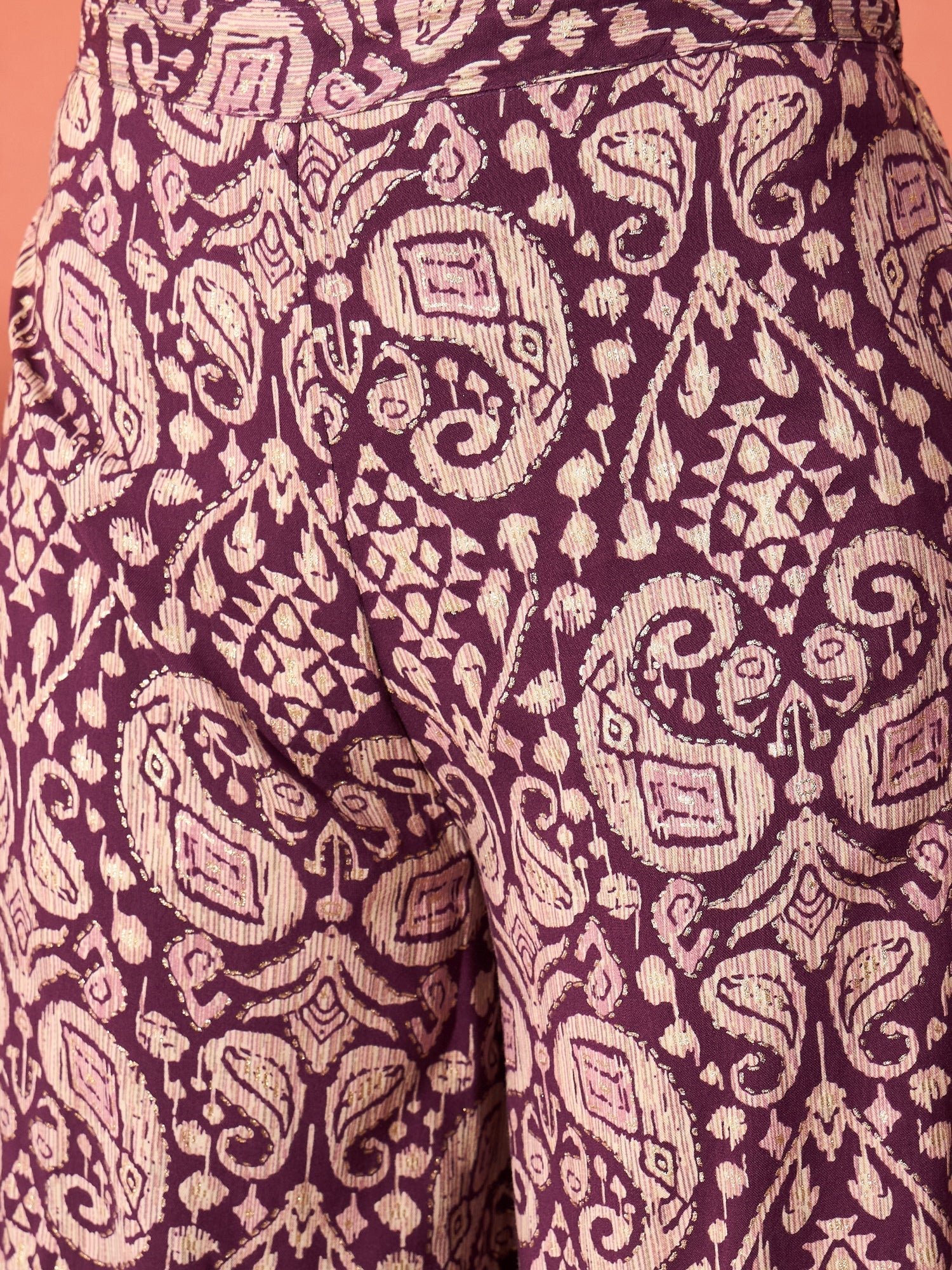 InWeave Dusty Mauve Paisley Round Neck Kurta Short Palazzo Set - Swadesiicart