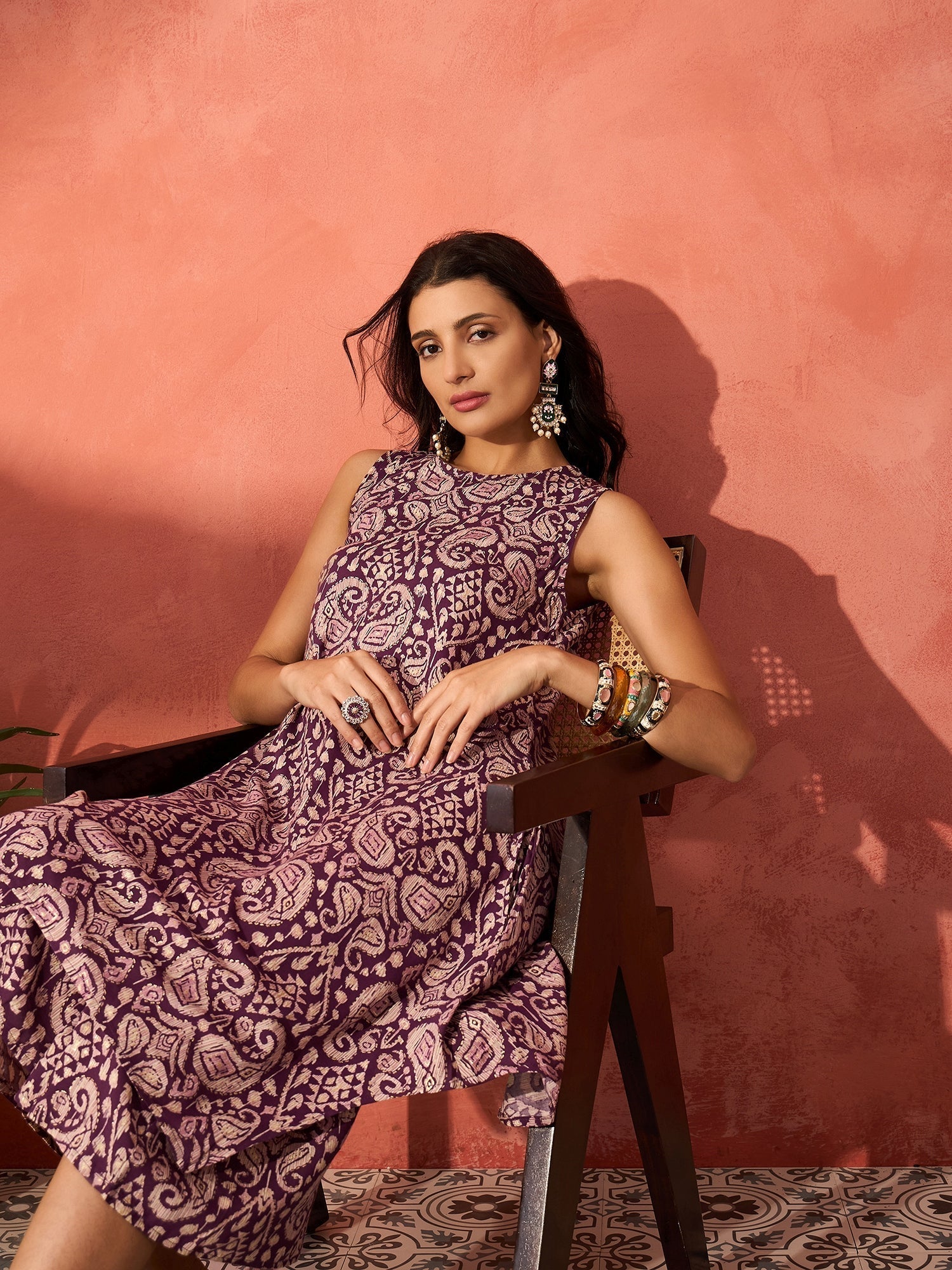 InWeave Dusty Mauve Paisley Round Neck Kurta Short Palazzo Set - Swadesiicart