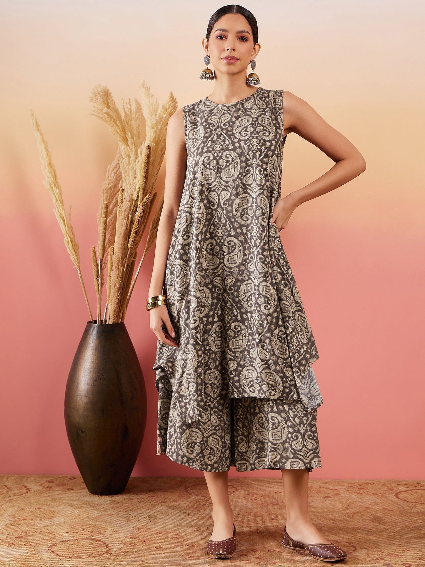 InWeave Dull Brown Paisley Round Neck Kurta Short Palazzo Set - Swadesiicart