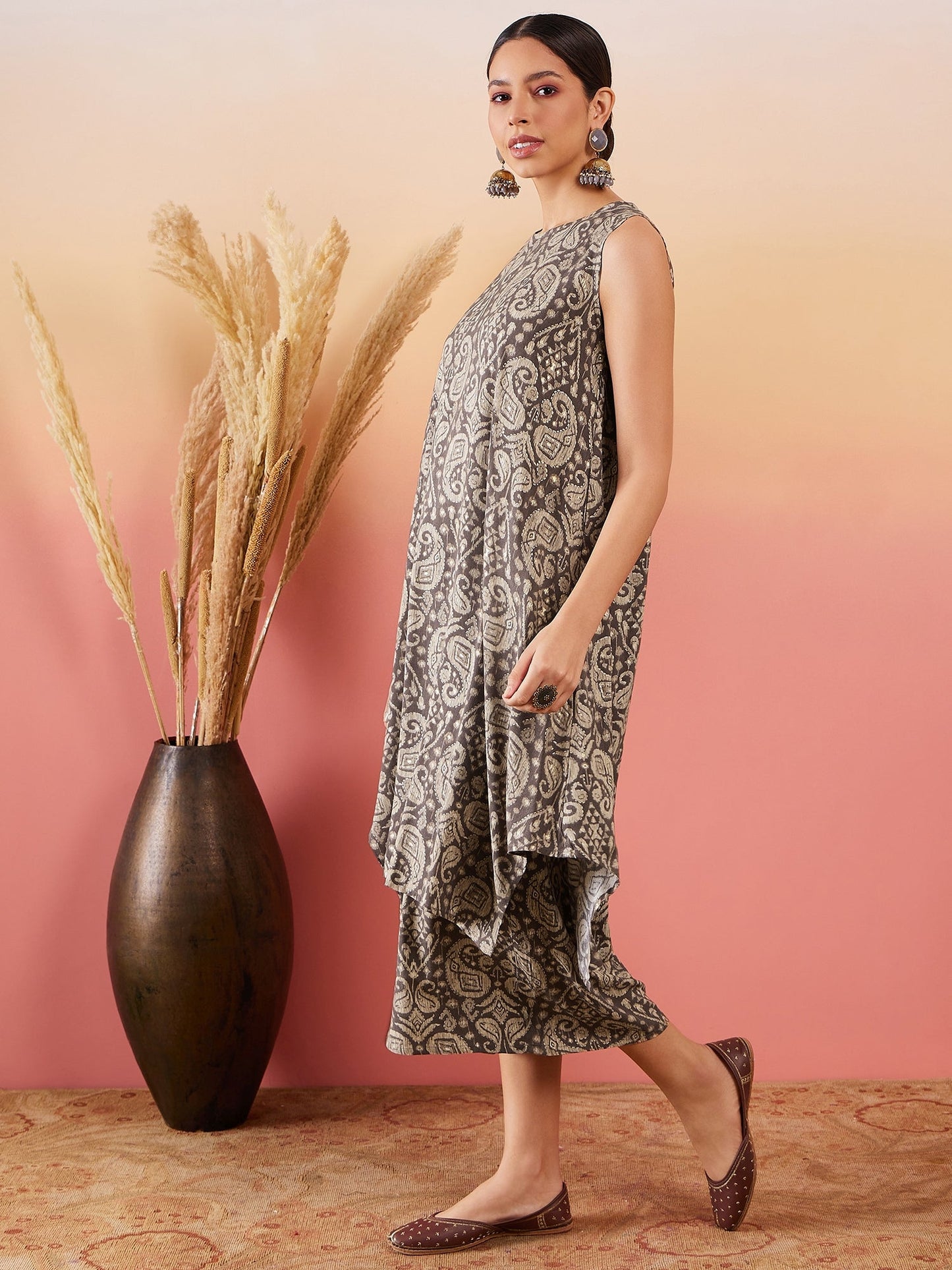 InWeave Dull Brown Paisley Round Neck Kurta Short Palazzo Set - Swadesiicart