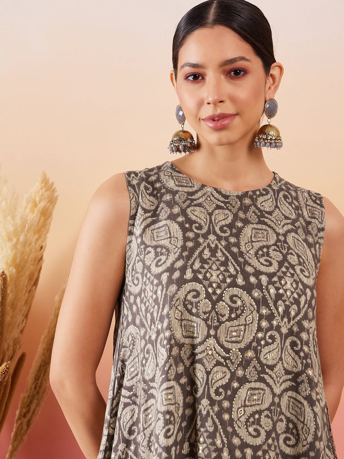 InWeave Dull Brown Paisley Round Neck Kurta Short Palazzo Set - Swadesiicart