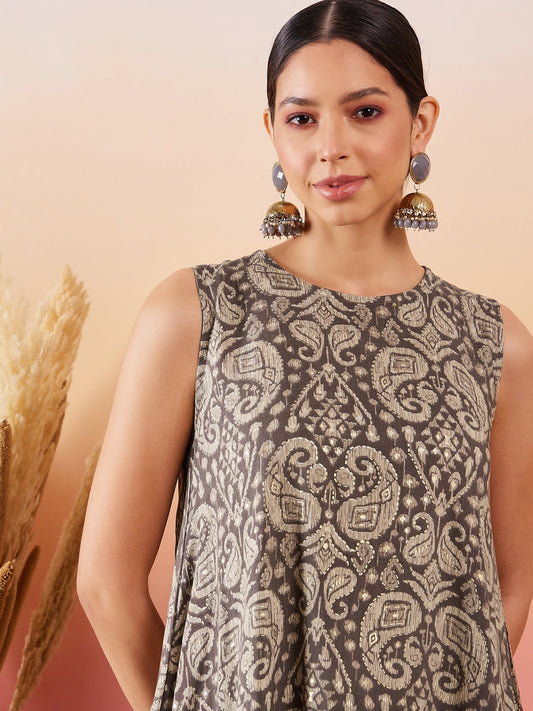 InWeave Dull Brown Paisley Round Neck Kurta Short Palazzo Set - Swadesiicart