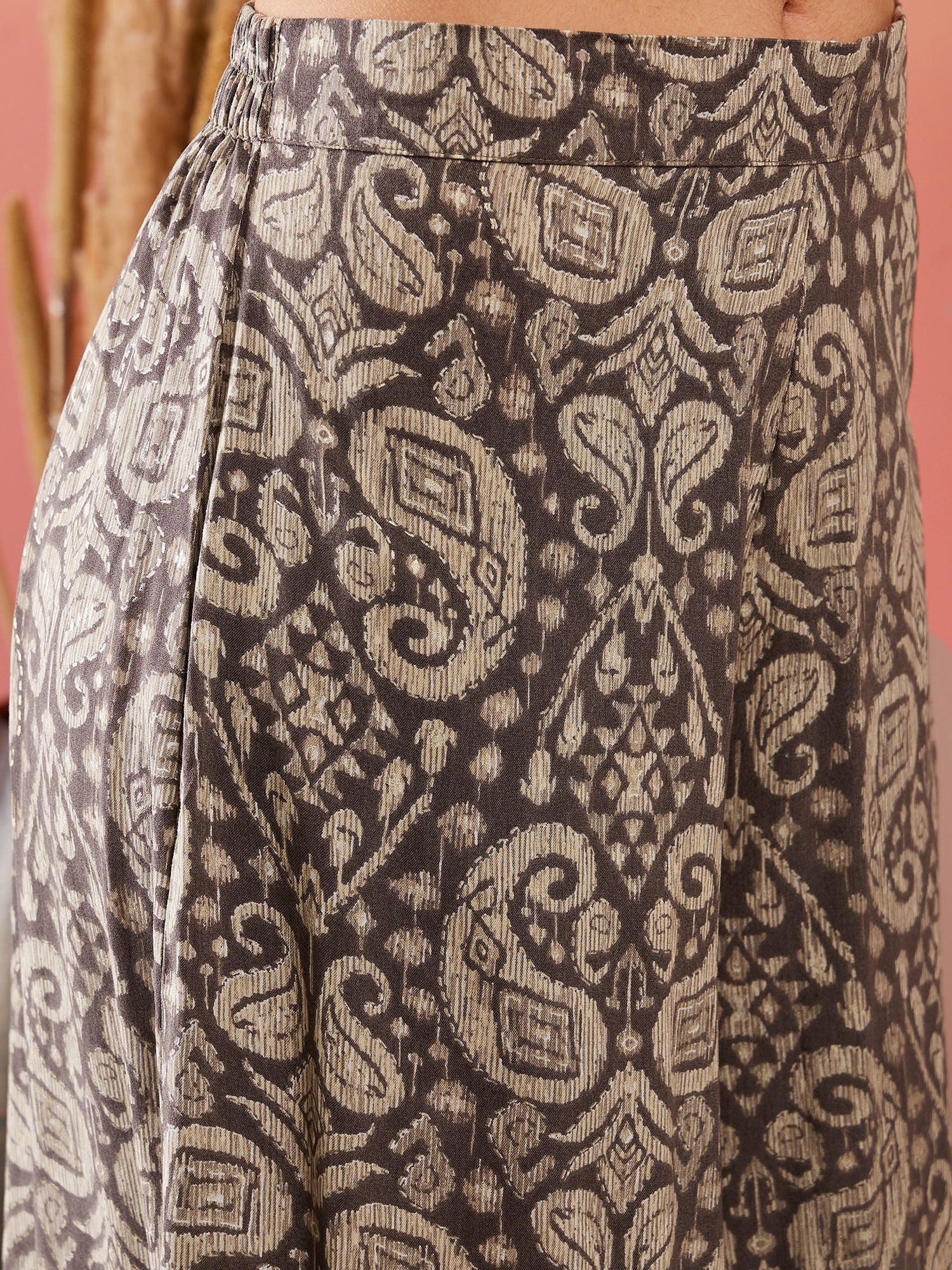 InWeave Dull Brown Paisley Round Neck Kurta Short Palazzo Set - Swadesiicart
