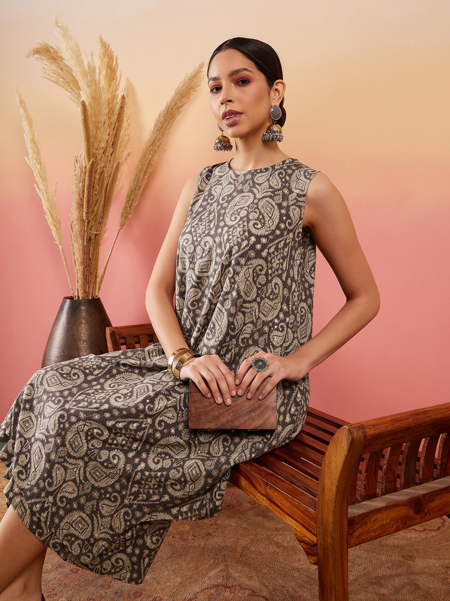 InWeave Dull Brown Paisley Round Neck Kurta Short Palazzo Set - Swadesiicart