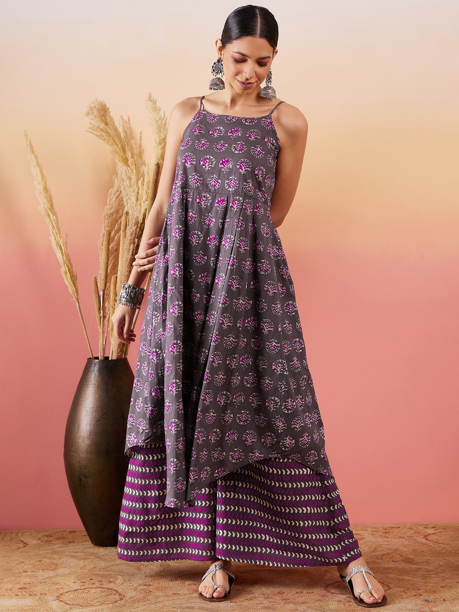 InWeave Iron Grey Floral Boota Print Strappy Printed Palazzo Set - Swadesiicart