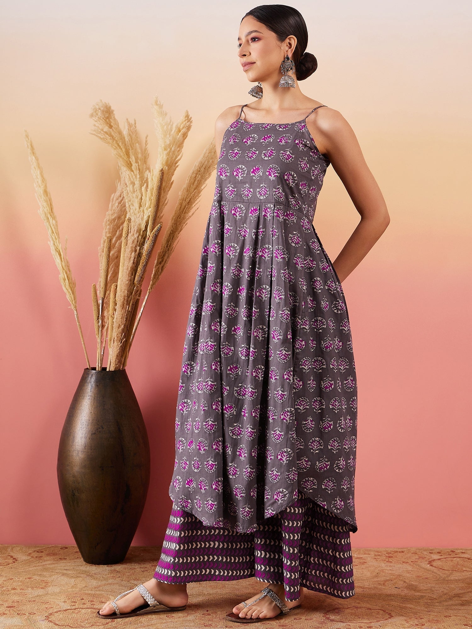 InWeave Iron Grey Floral Boota Print Strappy Printed Palazzo Set - Swadesiicart