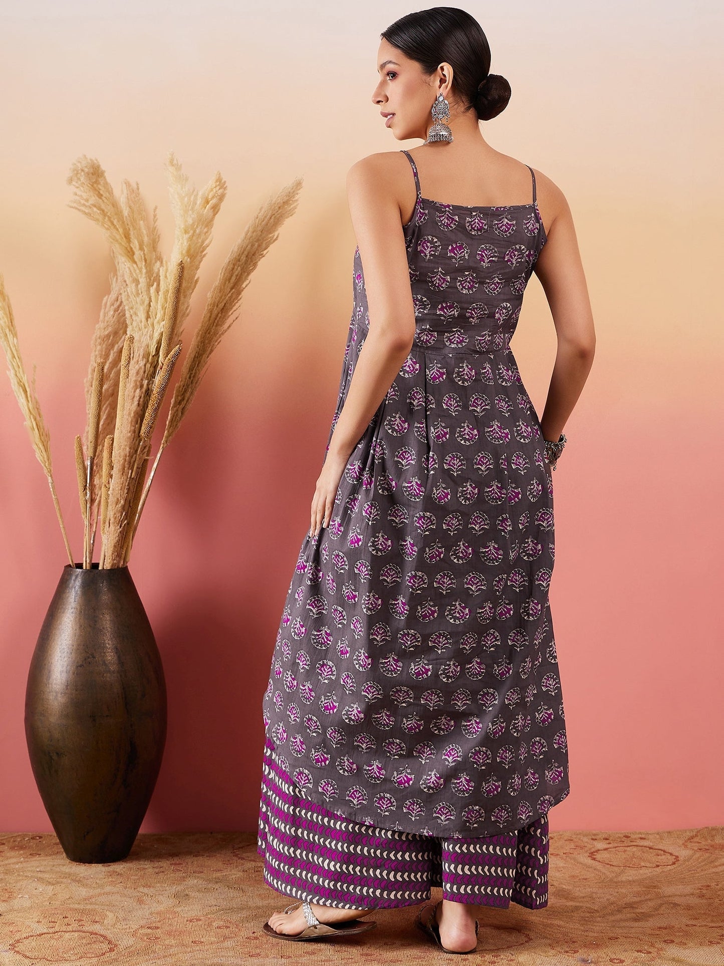 InWeave Iron Grey Floral Boota Print Strappy Printed Palazzo Set - Swadesiicart