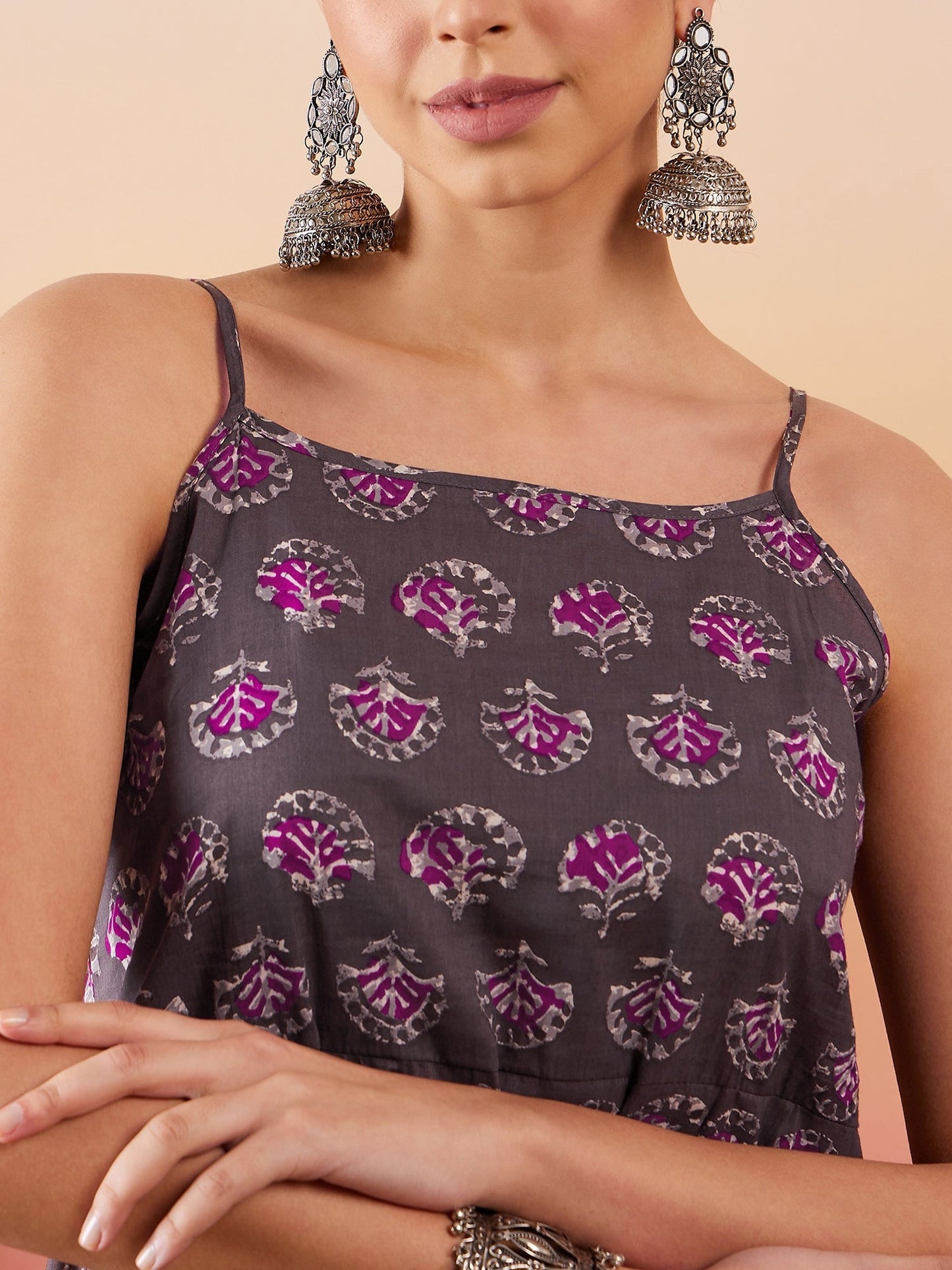 InWeave Iron Grey Floral Boota Print Strappy Printed Palazzo Set - Swadesiicart
