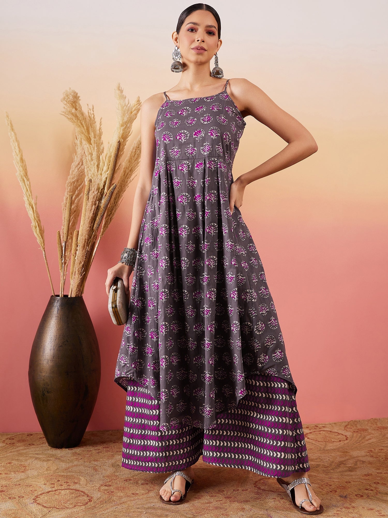 InWeave Iron Grey Floral Boota Print Strappy Printed Palazzo Set - Swadesiicart