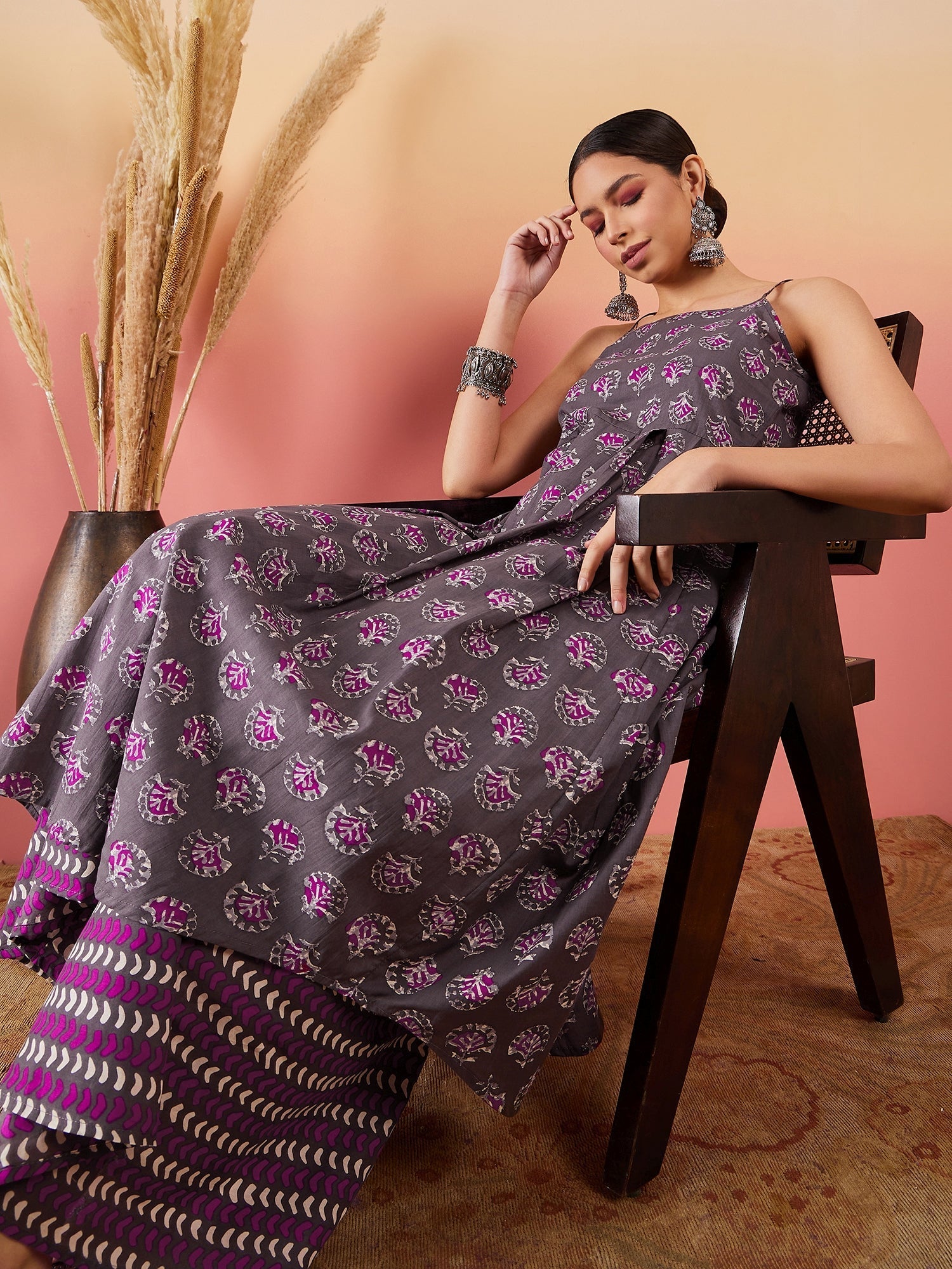 InWeave Iron Grey Floral Boota Print Strappy Printed Palazzo Set - Swadesiicart