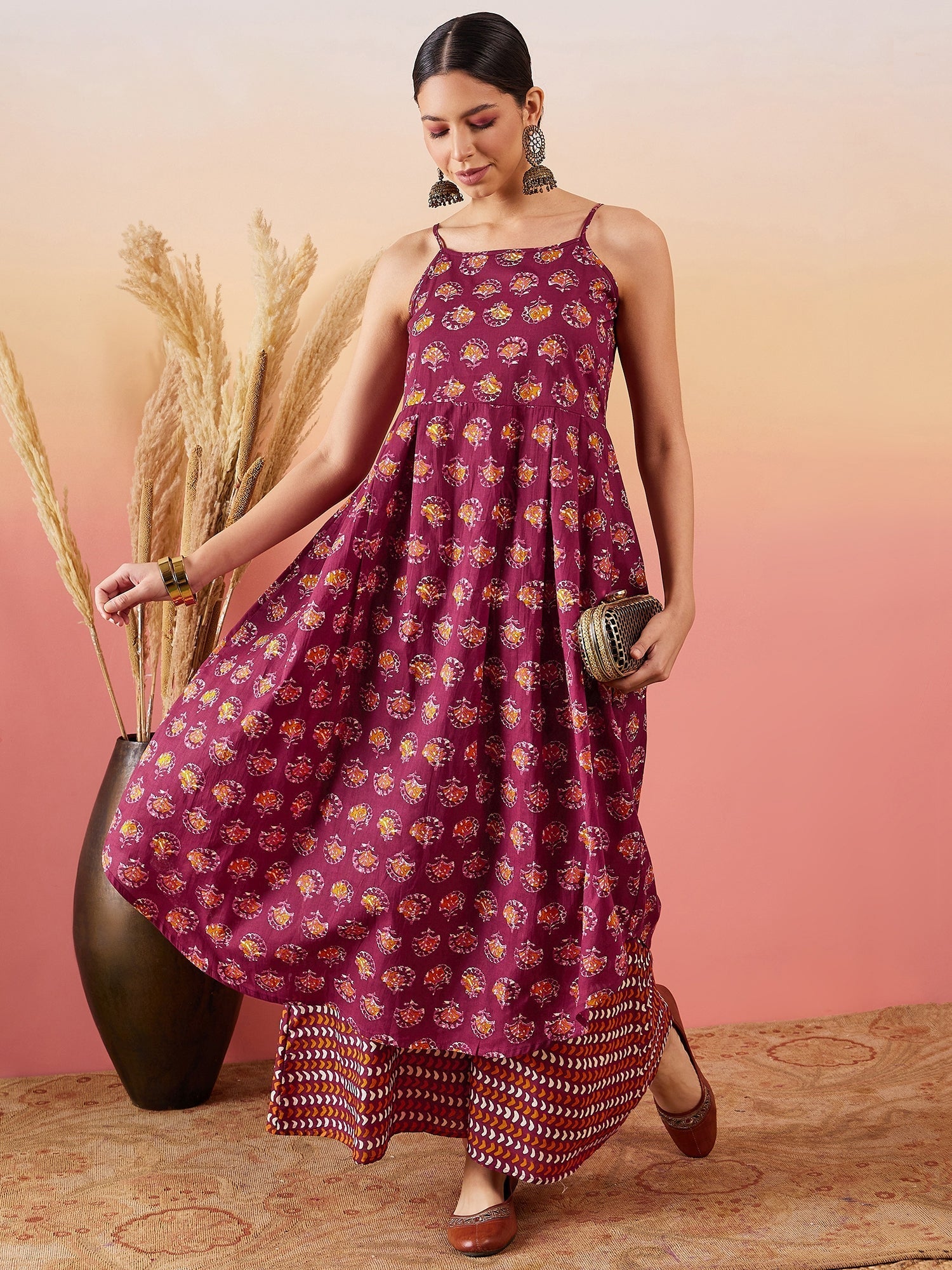 InWeave Burgundy Floral Boota Print Strappy Printed Palazzo Set - Swadesiicart