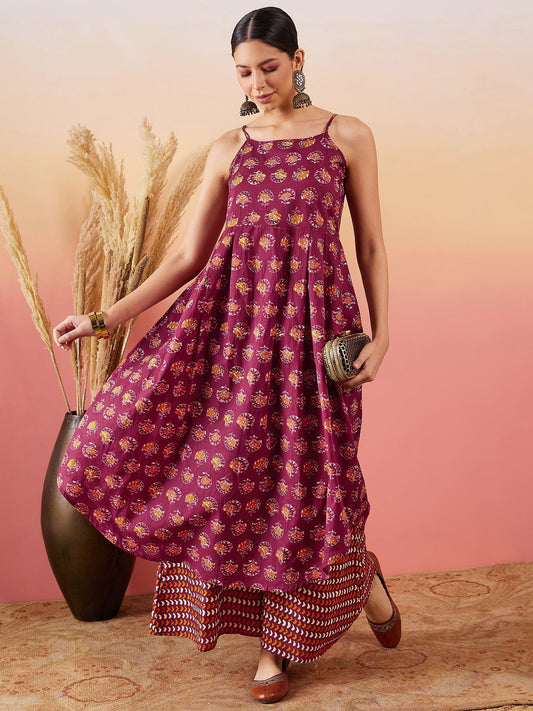 InWeave Burgundy Floral Boota Print Strappy Printed Palazzo Set - Swadesiicart