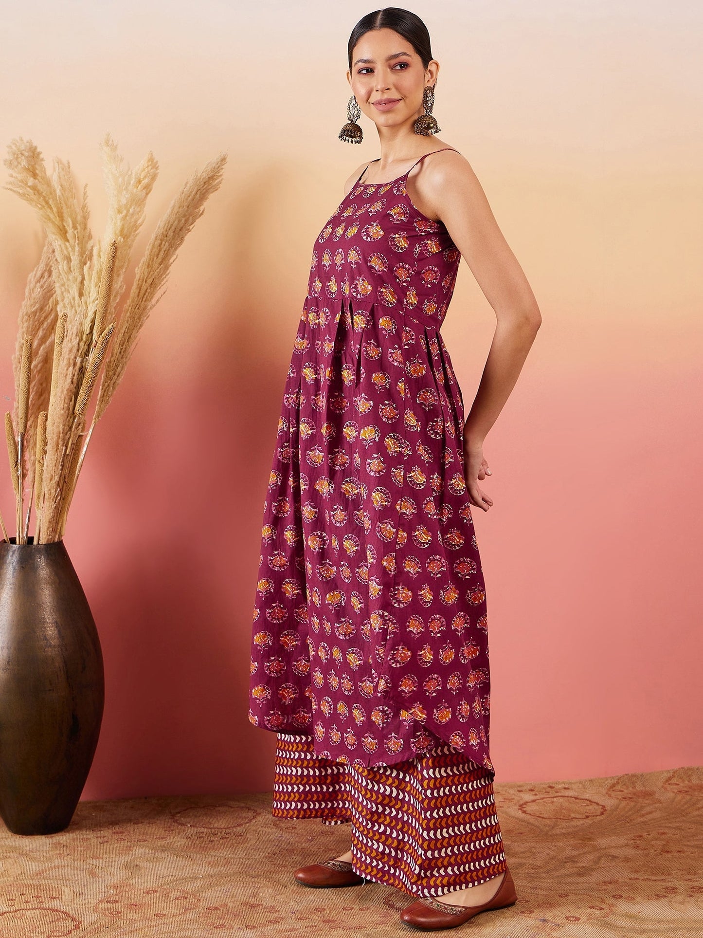 InWeave Burgundy Floral Boota Print Strappy Printed Palazzo Set - Swadesiicart