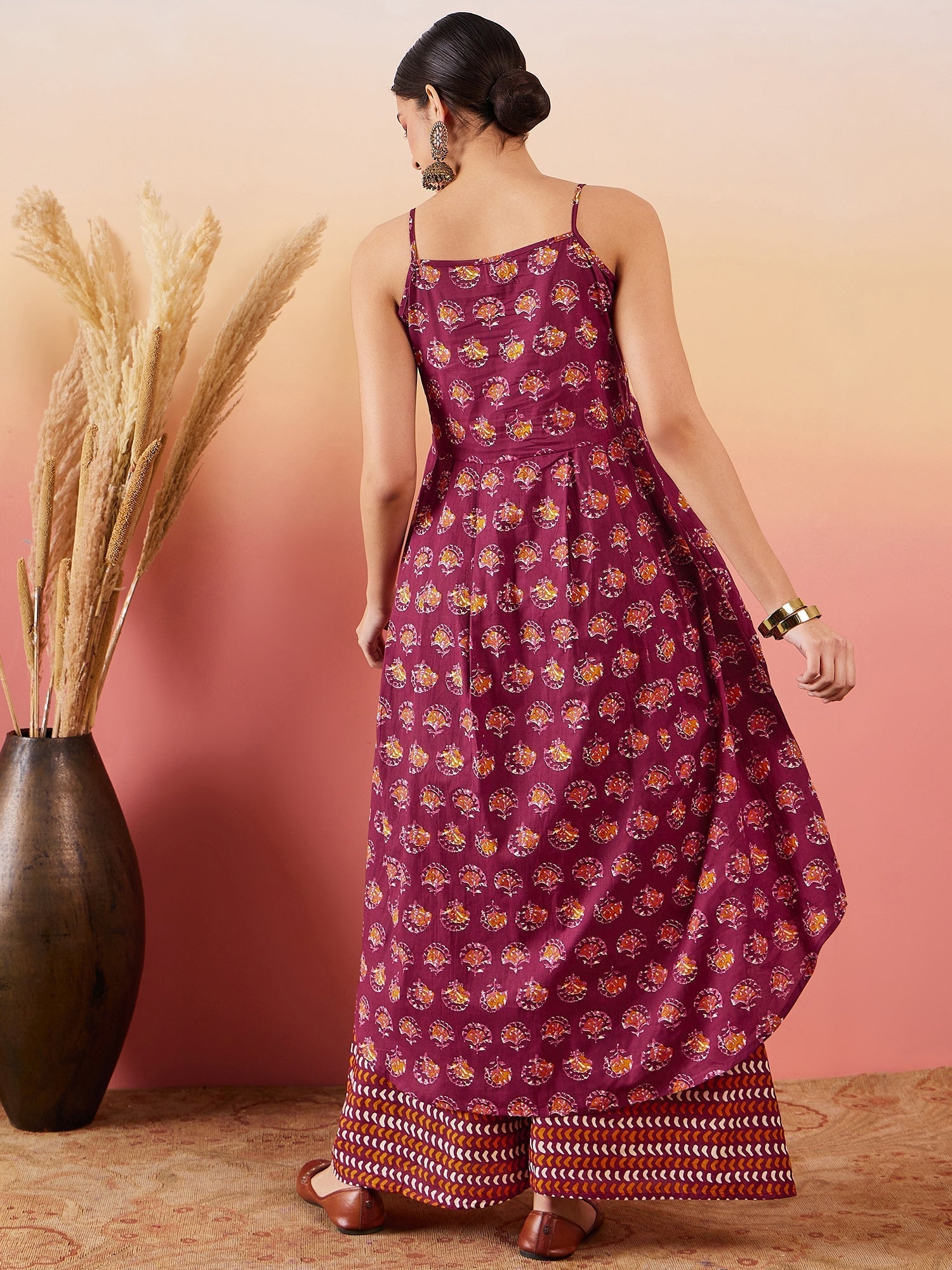 InWeave Burgundy Floral Boota Print Strappy Printed Palazzo Set - Swadesiicart