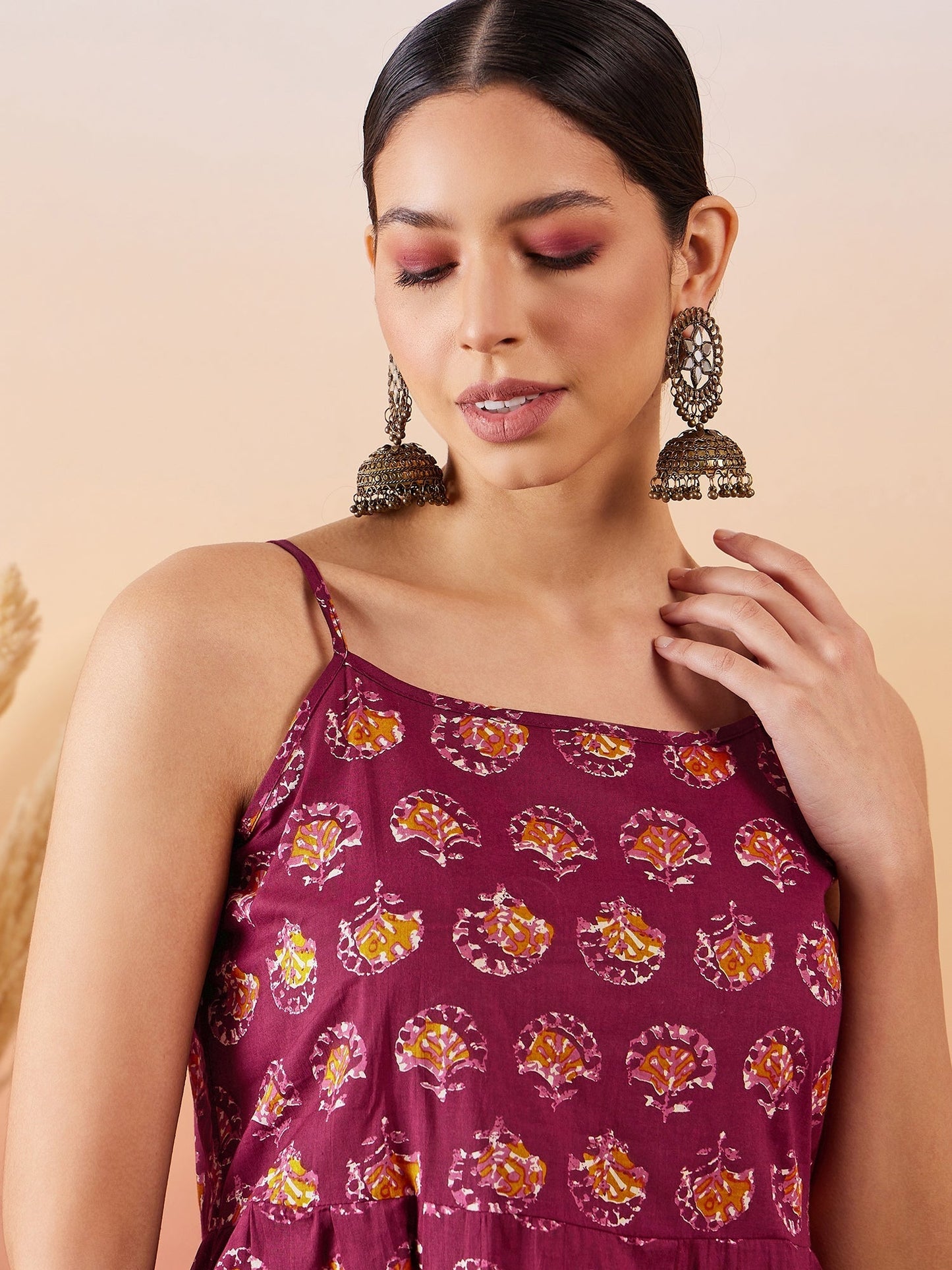 InWeave Burgundy Floral Boota Print Strappy Printed Palazzo Set - Swadesiicart