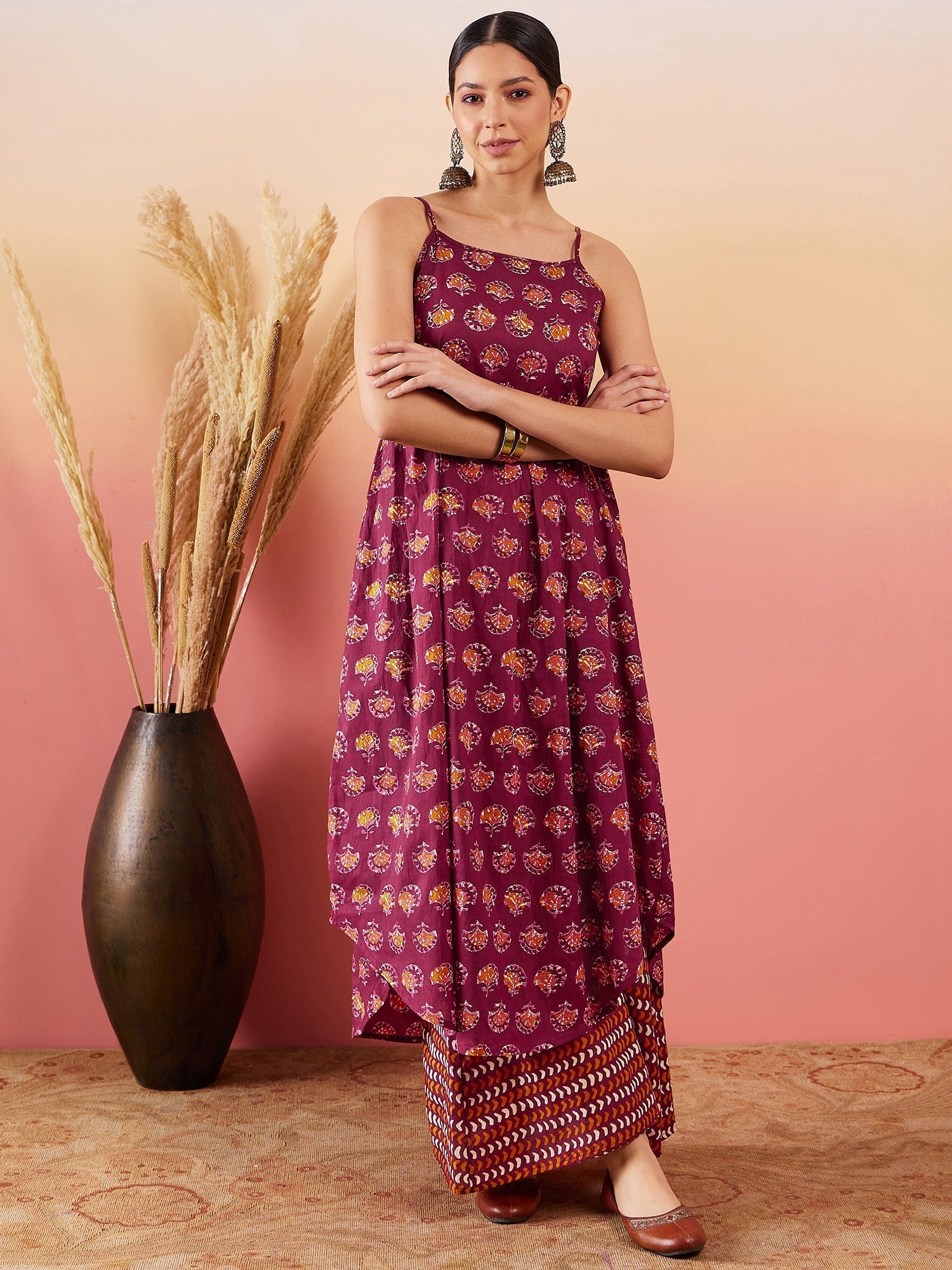 InWeave Burgundy Floral Boota Print Strappy Printed Palazzo Set - Swadesiicart