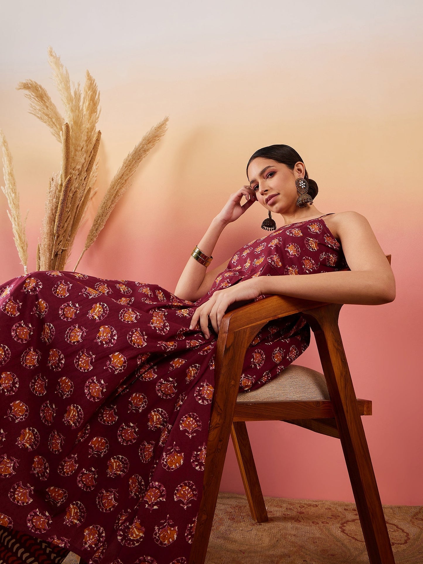 InWeave Burgundy Floral Boota Print Strappy Printed Palazzo Set - Swadesiicart