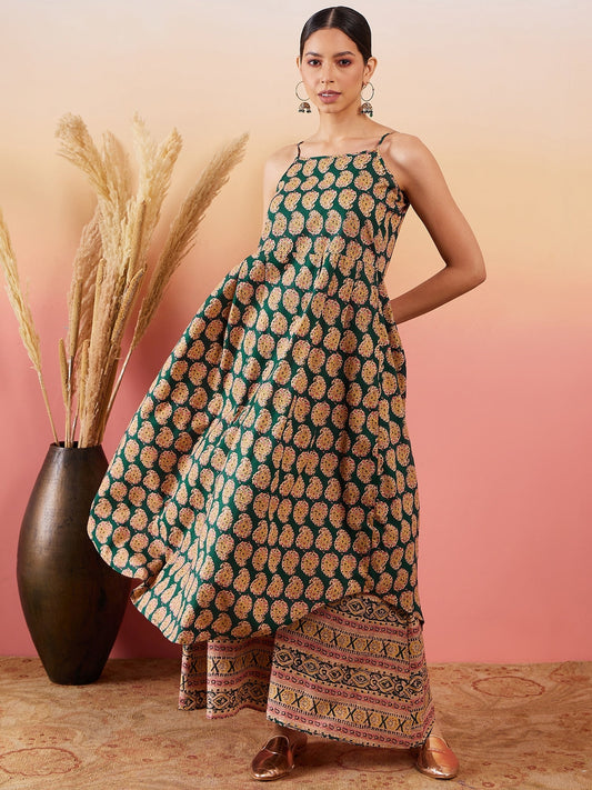 InWeave Dark Green Paisley Print Strappy Printed Palazzo Set - Swadesiicart