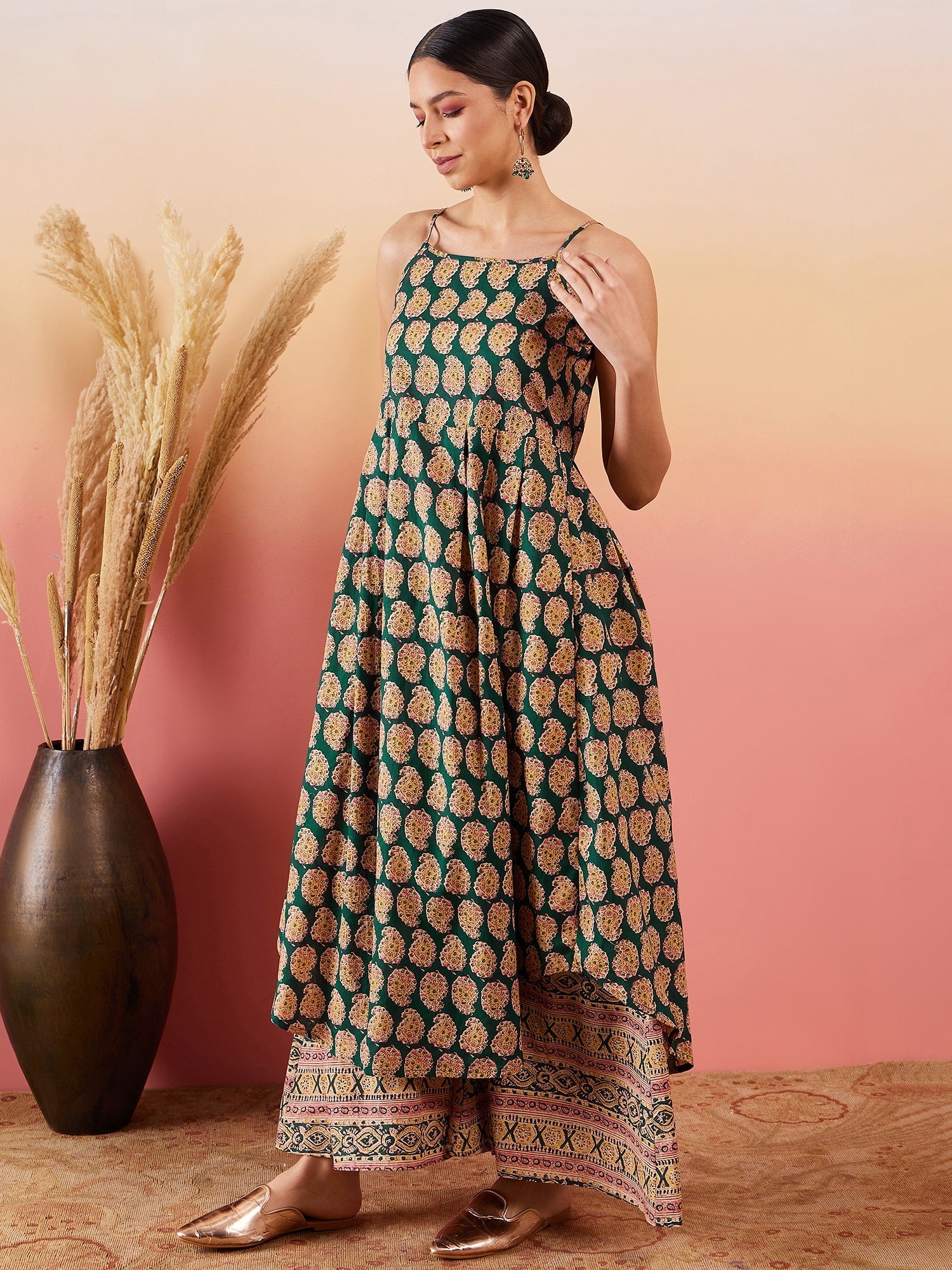 InWeave Dark Green Paisley Print Strappy Printed Palazzo Set - Swadesiicart