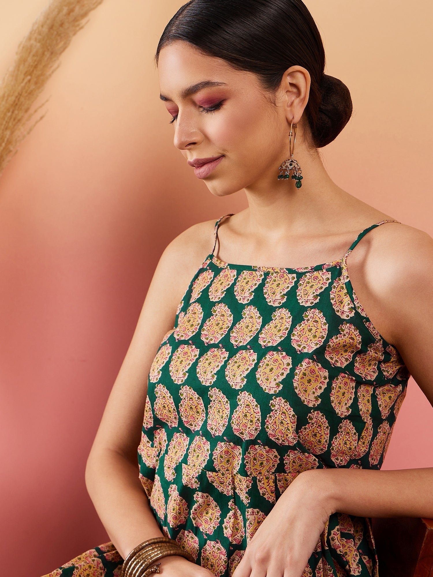 InWeave Dark Green Paisley Print Strappy Printed Palazzo Set - Swadesiicart