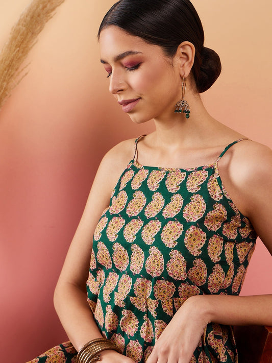InWeave Dark Green Paisley Print Strappy Printed Palazzo Set - Swadesiicart