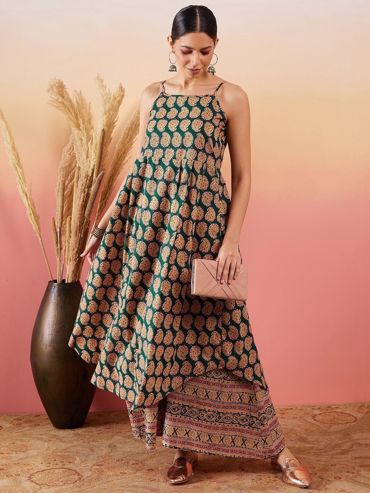 InWeave Dark Green Paisley Print Strappy Printed Palazzo Set - Swadesiicart