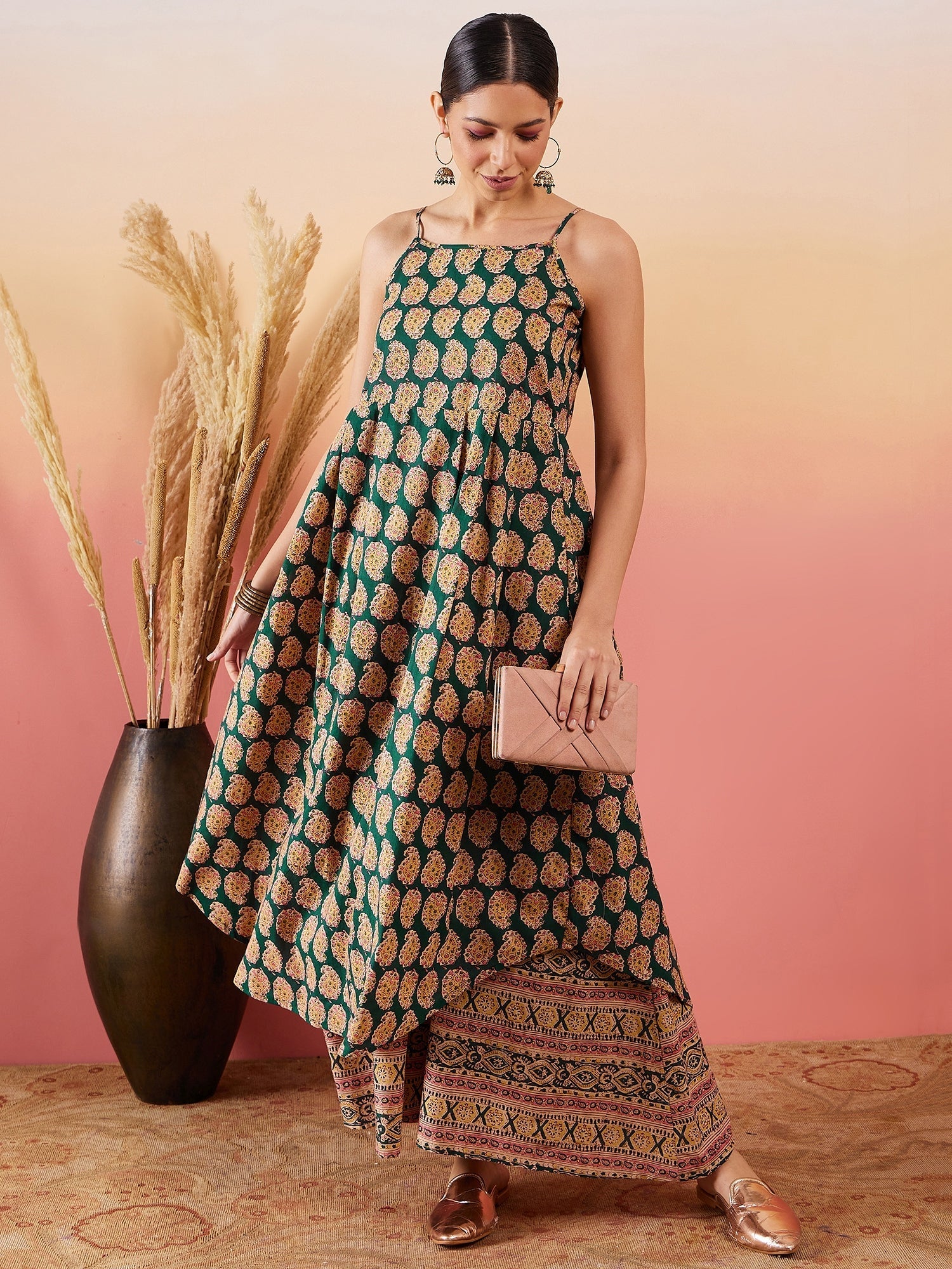 InWeave Dark Green Paisley Print Strappy Printed Palazzo Set - Swadesiicart