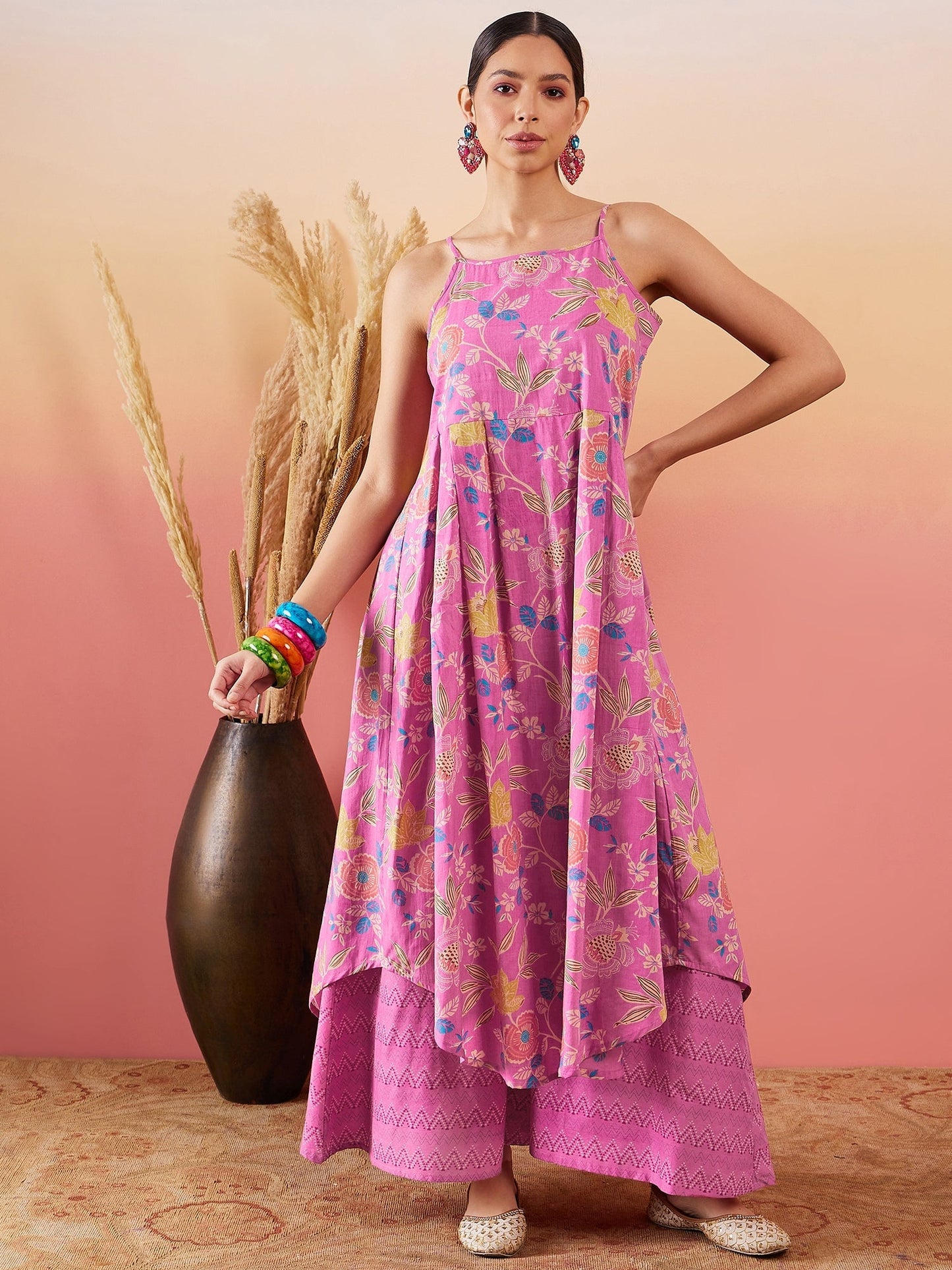 InWeave Dull Pink Floral Print Strappy Printed Palazzo Set - Swadesiicart