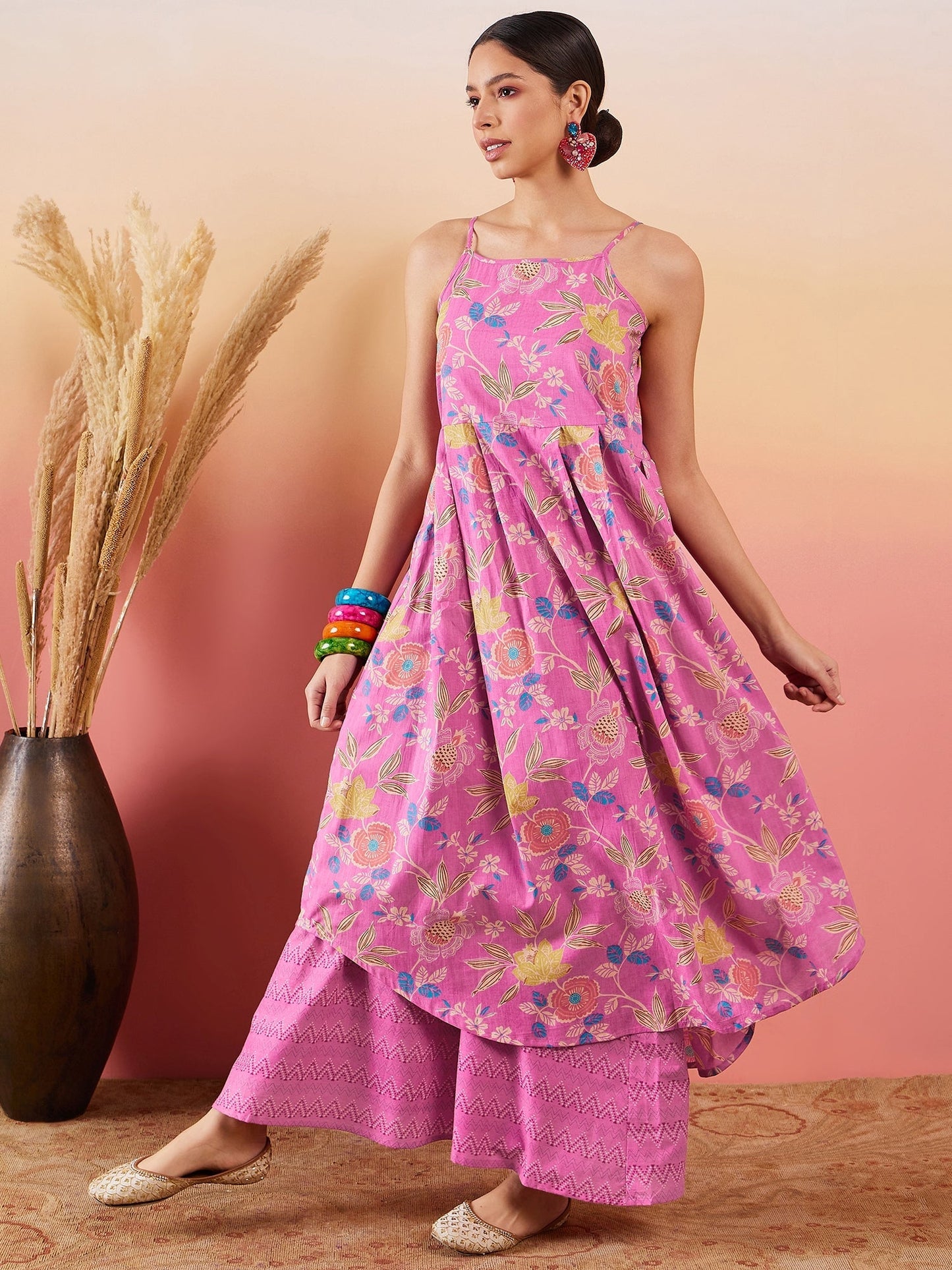 InWeave Dull Pink Floral Print Strappy Printed Palazzo Set - Swadesiicart