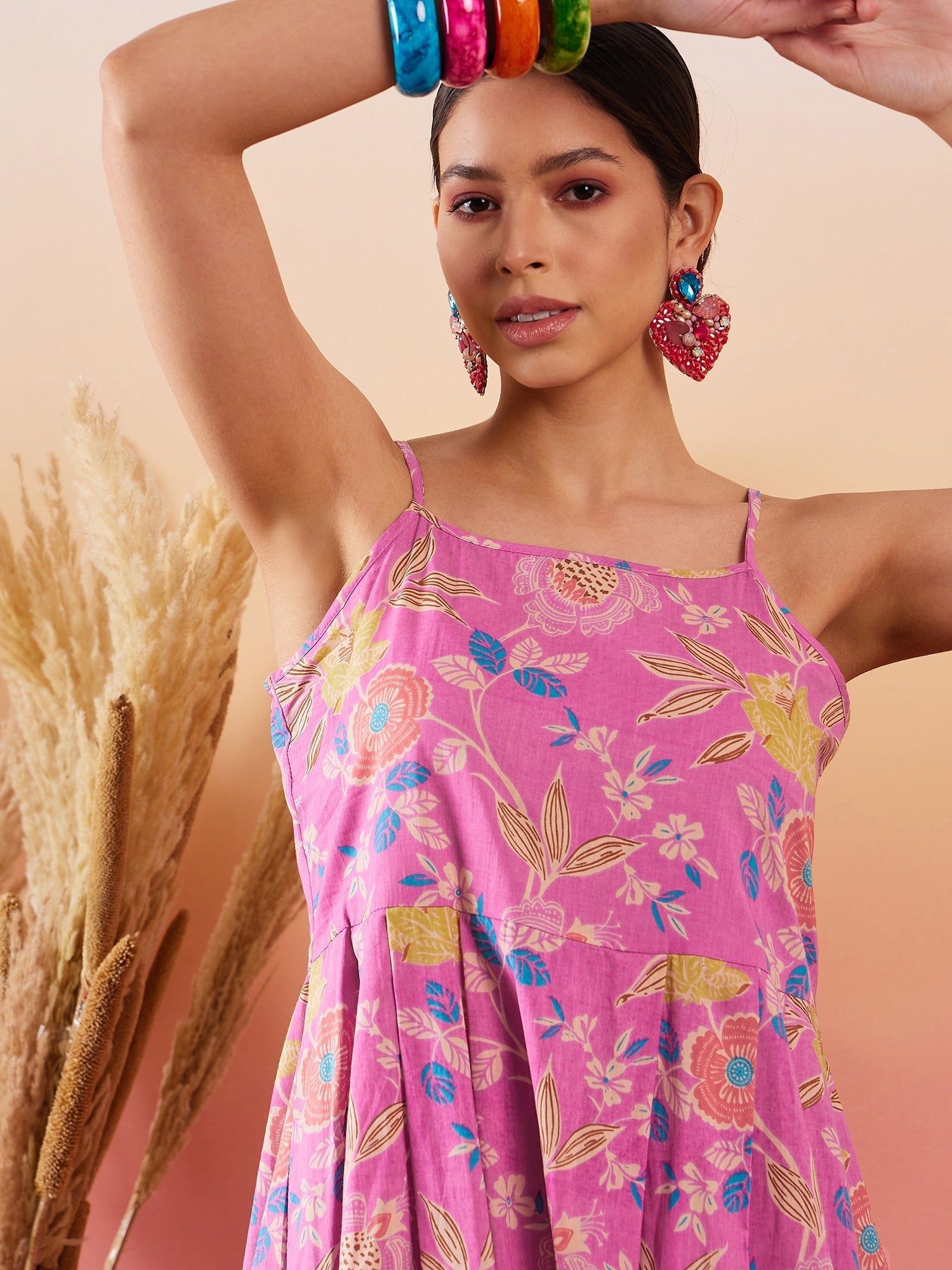 InWeave Dull Pink Floral Print Strappy Printed Palazzo Set - Swadesiicart