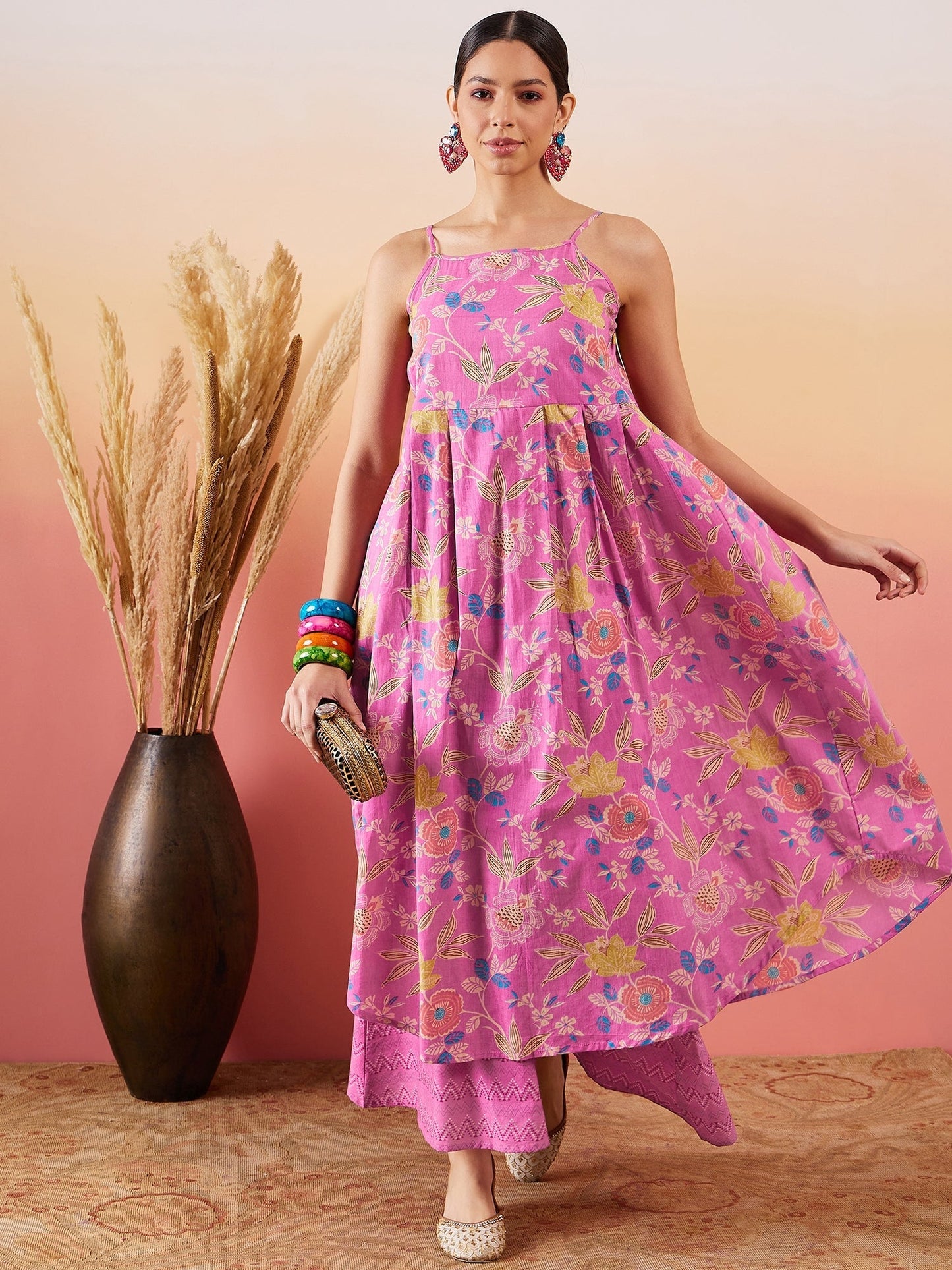 InWeave Dull Pink Floral Print Strappy Printed Palazzo Set - Swadesiicart