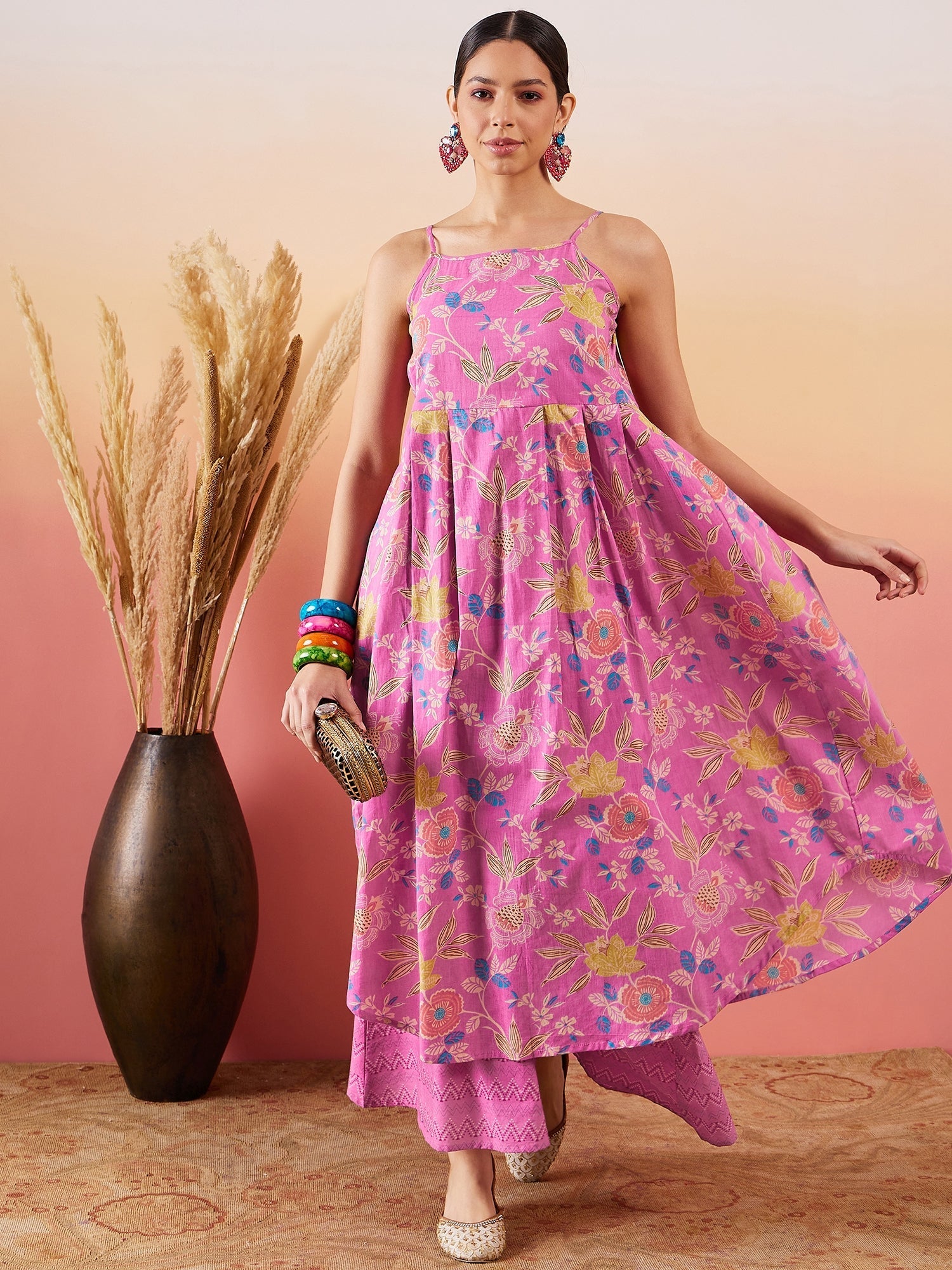 InWeave Dull Pink Floral Print Strappy Printed Palazzo Set - Swadesiicart