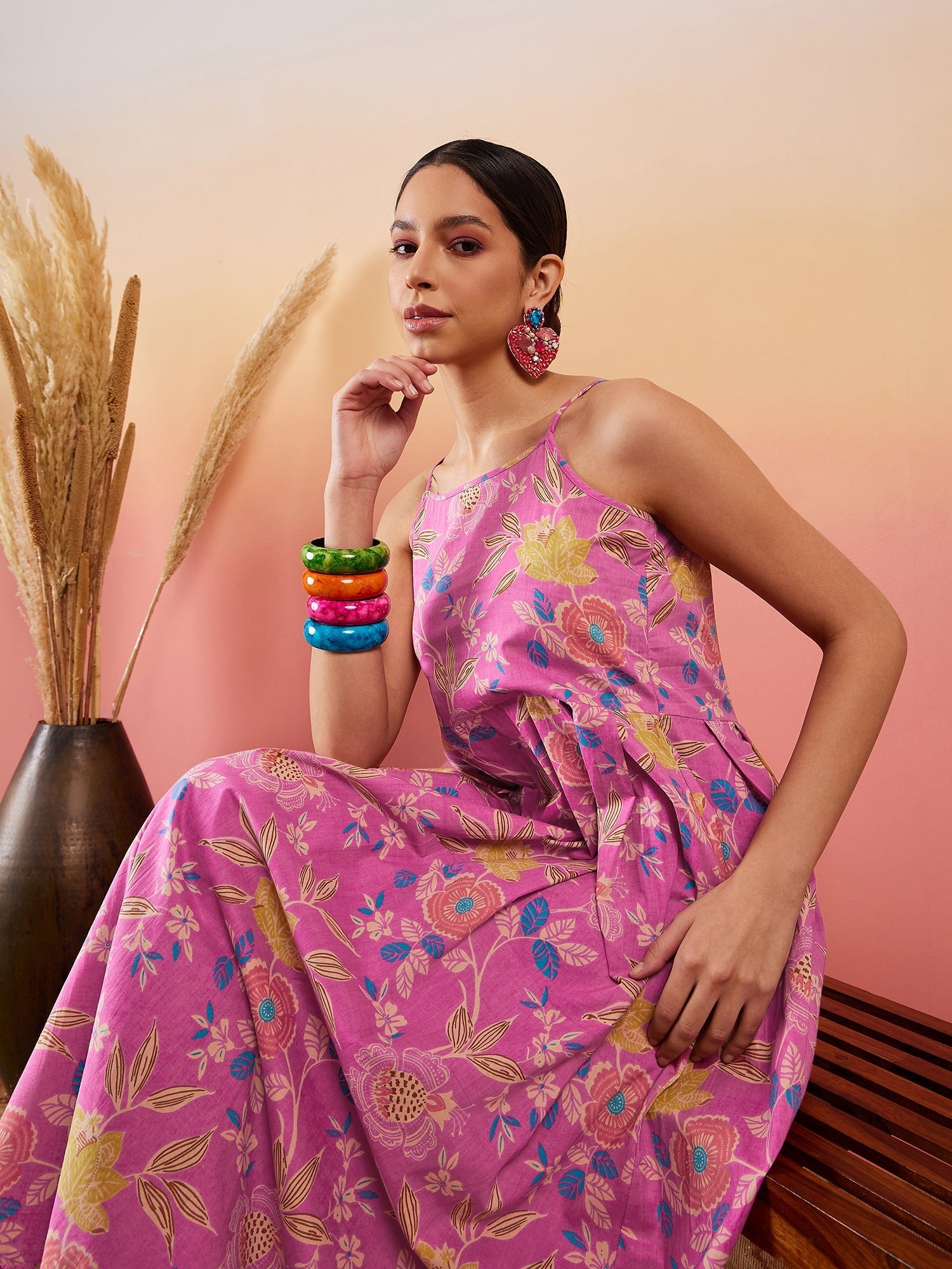 InWeave Dull Pink Floral Print Strappy Printed Palazzo Set - Swadesiicart
