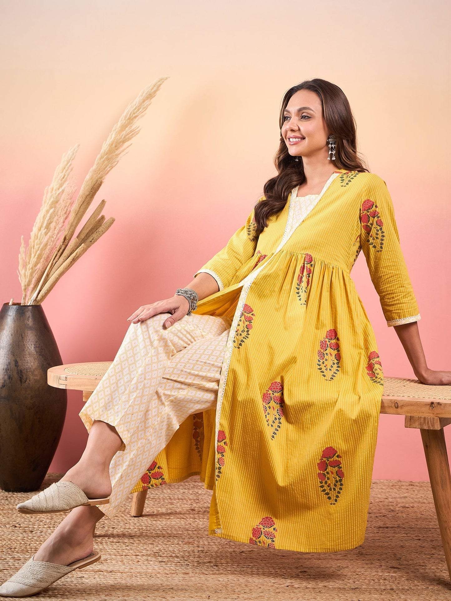 InWeave Yellow Striped V Neck Lace Front Slit Kurta Pant Set - Swadesiicart