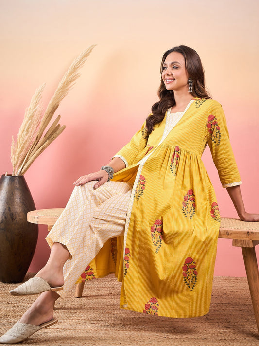 InWeave Yellow Striped V Neck Lace Front Slit Kurta Pant Set - Swadesiicart