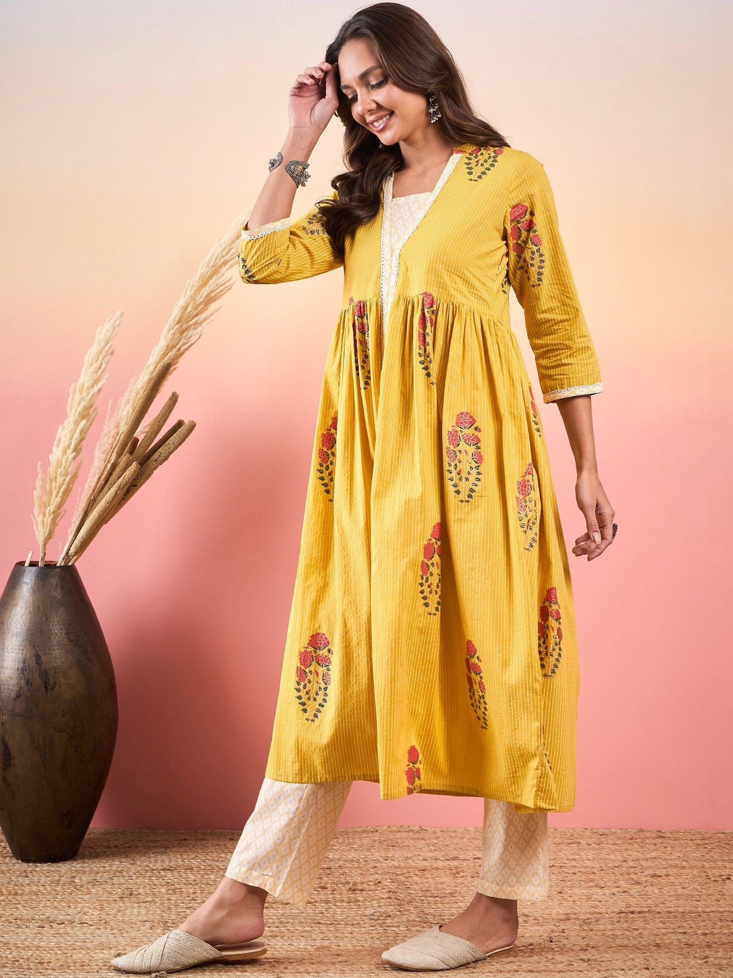 InWeave Yellow Striped V Neck Lace Front Slit Kurta Pant Set - Swadesiicart