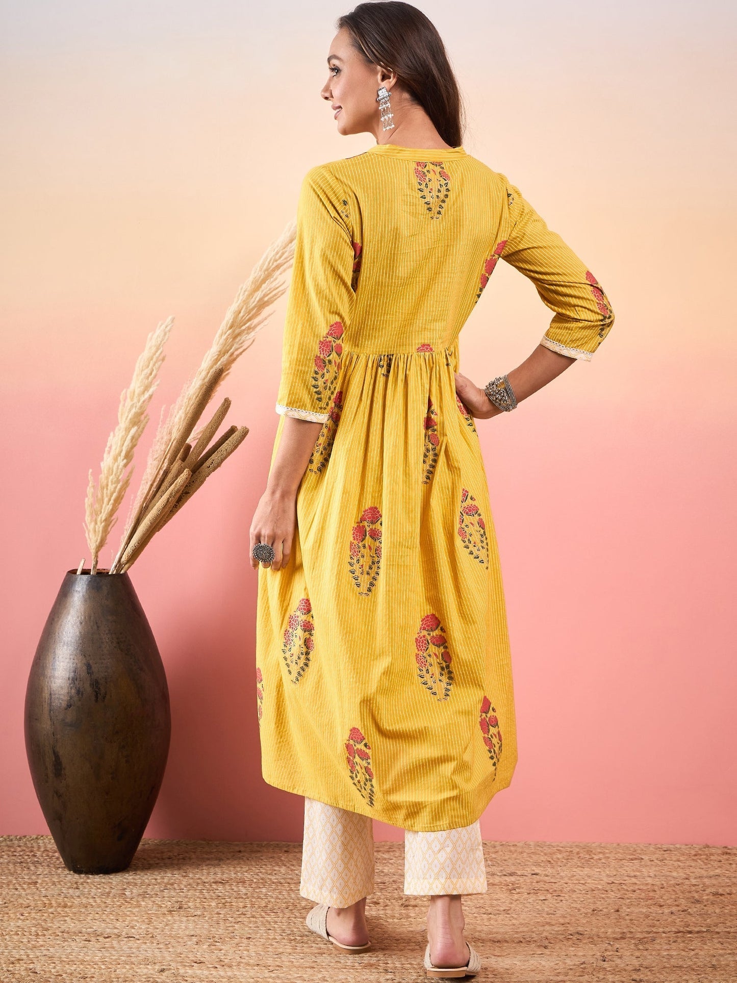 InWeave Yellow Striped V Neck Lace Front Slit Kurta Pant Set - Swadesiicart