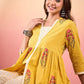 InWeave Yellow Striped V Neck Lace Front Slit Kurta Pant Set - Swadesiicart