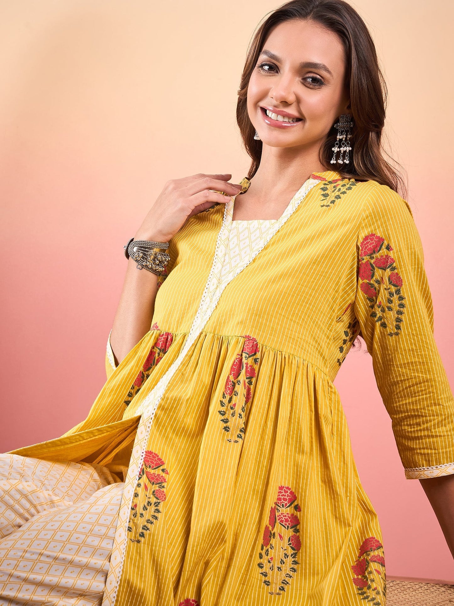 InWeave Yellow Striped V Neck Lace Front Slit Kurta Pant Set - Swadesiicart