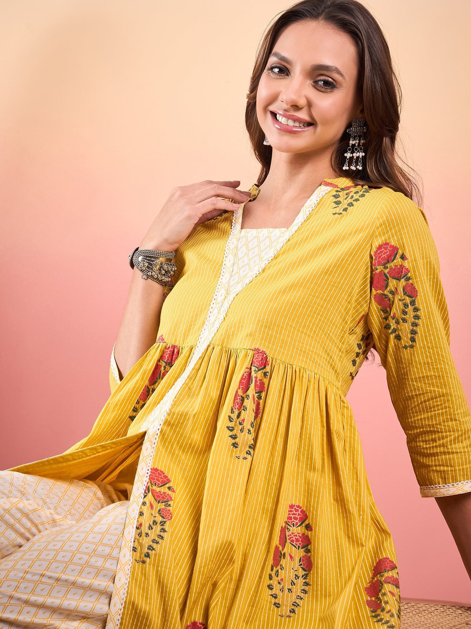 InWeave Yellow Striped V Neck Lace Front Slit Kurta Pant Set - Swadesiicart