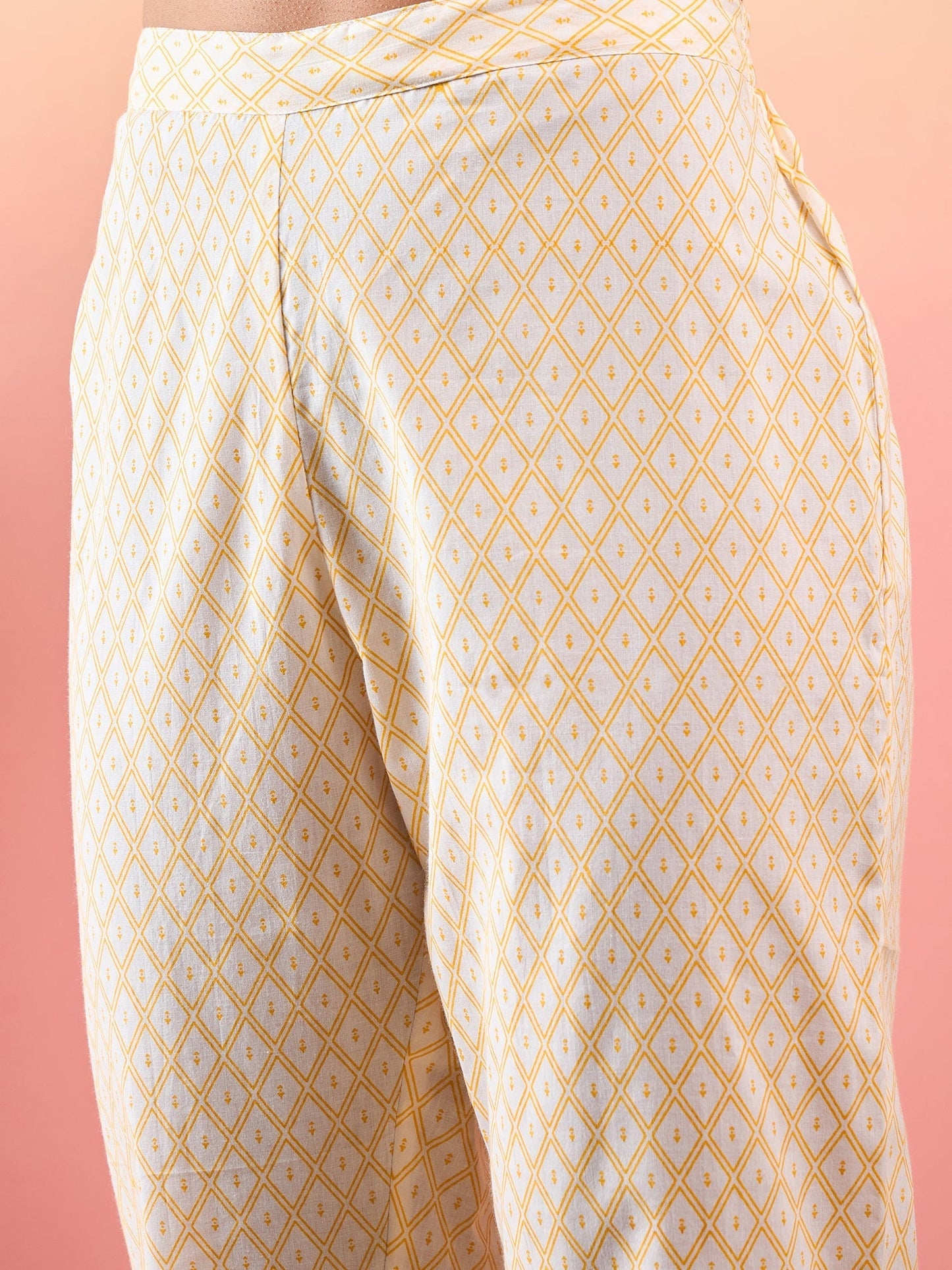 InWeave Yellow Striped V Neck Lace Front Slit Kurta Pant Set - Swadesiicart