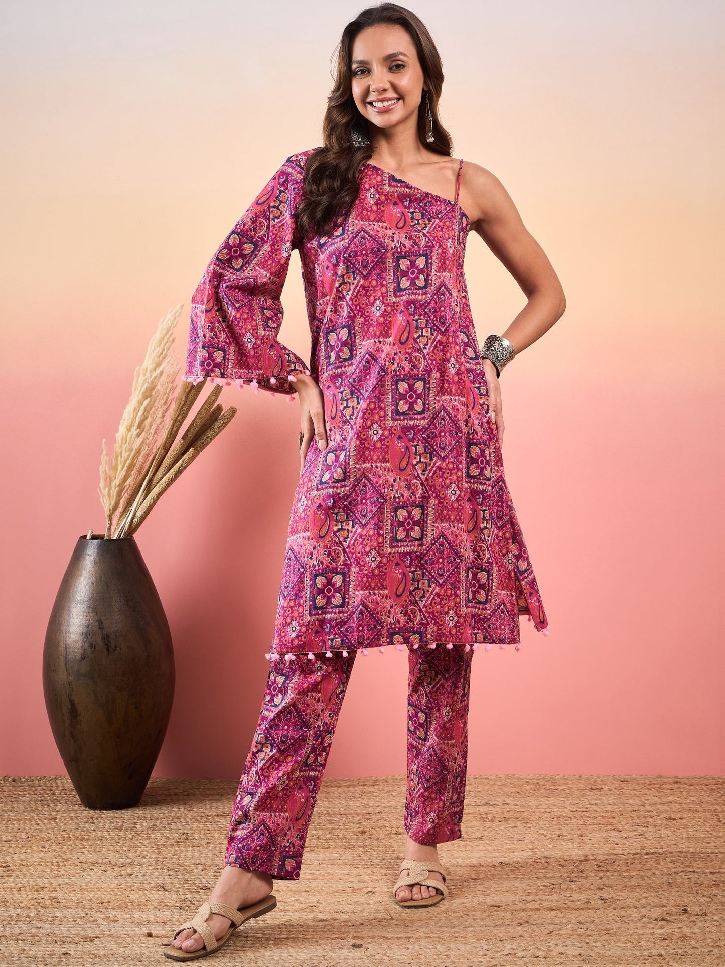 InWeave Pink Violet Printed One Shoulder Strapp Kurta Set - Swadesiicart