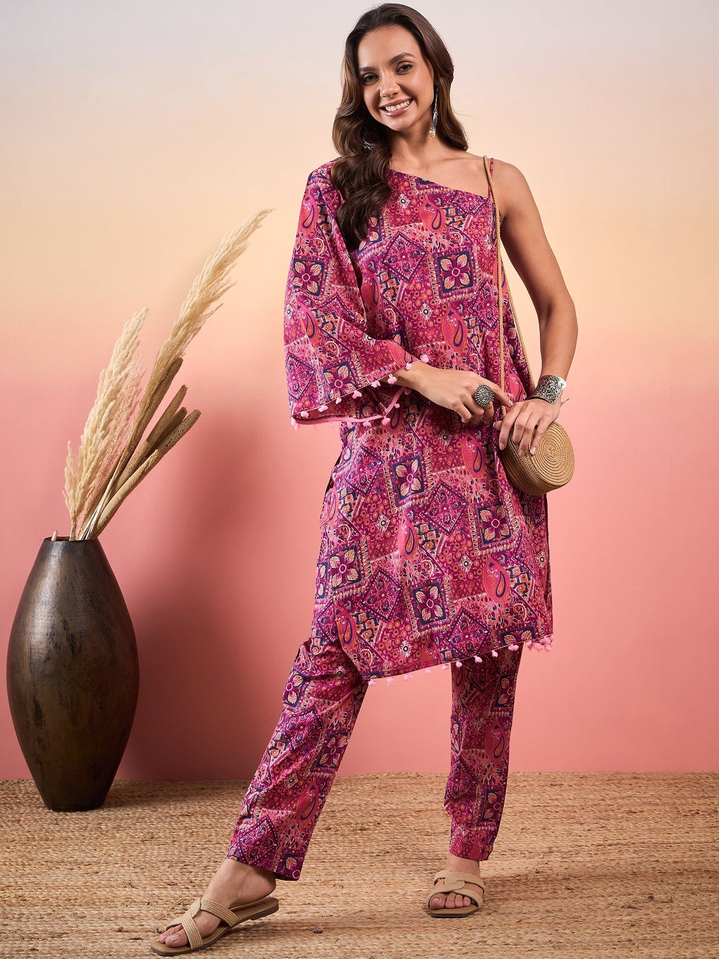 InWeave Pink Violet Printed One Shoulder Strapp Kurta Set - Swadesiicart